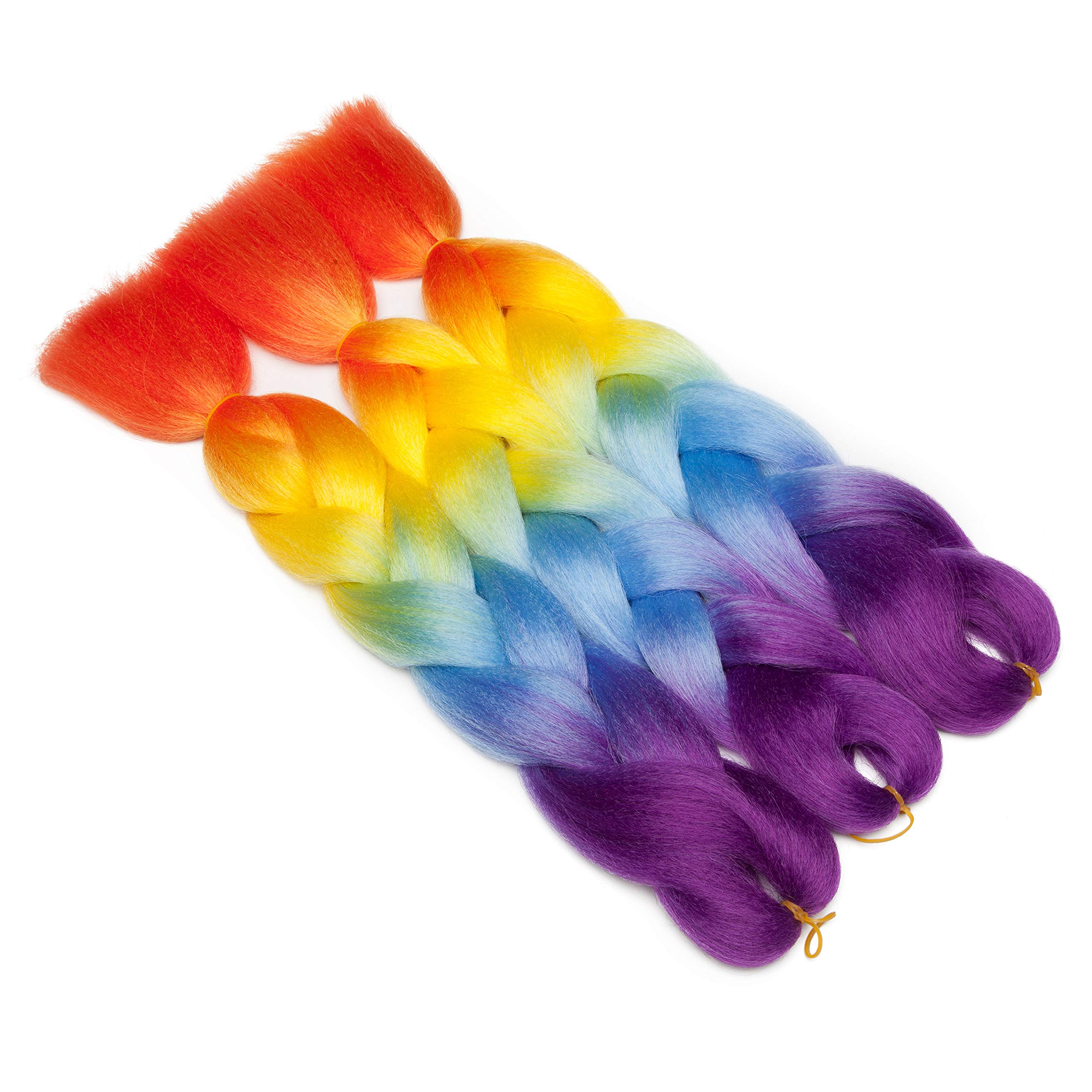Benehair Rainbow Braiding Hair 3 Bundles - 24inch Jumbo Synthetic Hair Extensions for Women | Pre-Stretched Ombre Braiding Hair in Purple, Blue, Yellow & Orange | Perfect for Protective Styles, Cosplay & Festival Looks