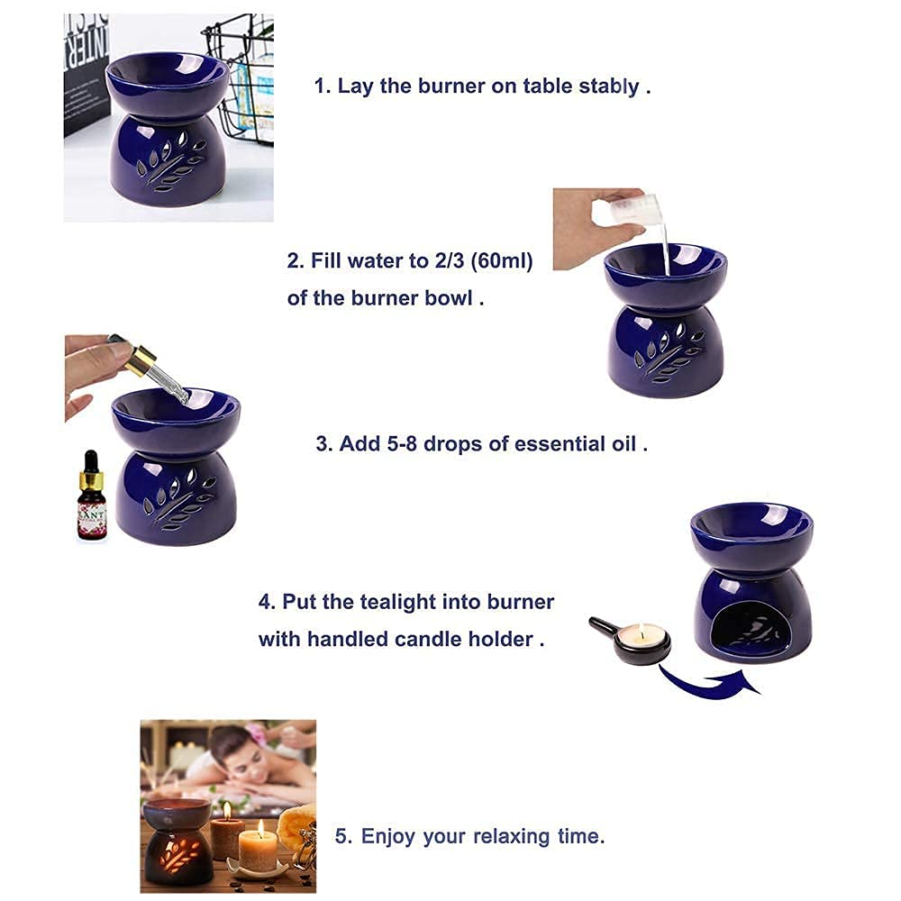 Blue Ceramic Essential Oil Burner with Classic Leaf Carving - Aromatherapy Diffuser, Tea Light Candle Holder & Wax Melter for Home Fragrance - Perfect for Living Room Decor, Balcony Relaxation & Garden Ambience