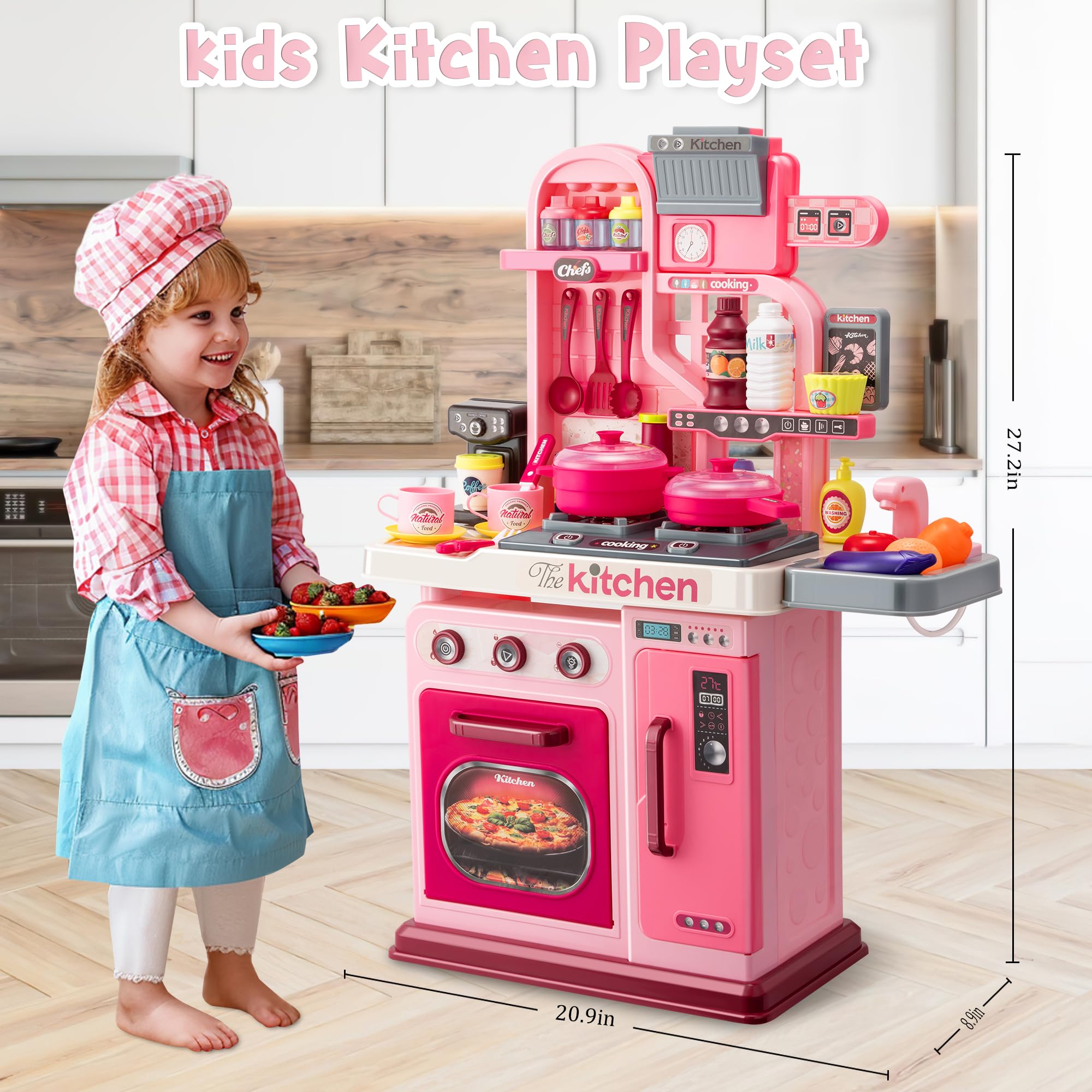 **53-Piece Kids Kitchen Playset with Stove, Sink & Oven - Realistic Lights & Sounds, Pretend Play Toys for Toddlers Ages 1-3 (Pink) - Perfect for Imaginative Role-Playing & Early Learning**