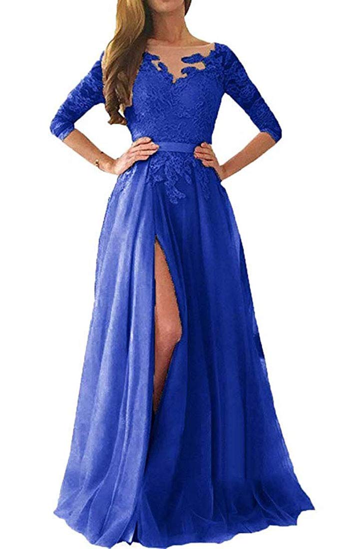 Lilyla Long Sleeve Prom Dresses 2019 - Elegant Lace Applique Split Tulle Evening Gown for Homecoming, Wedding, and Formal Events