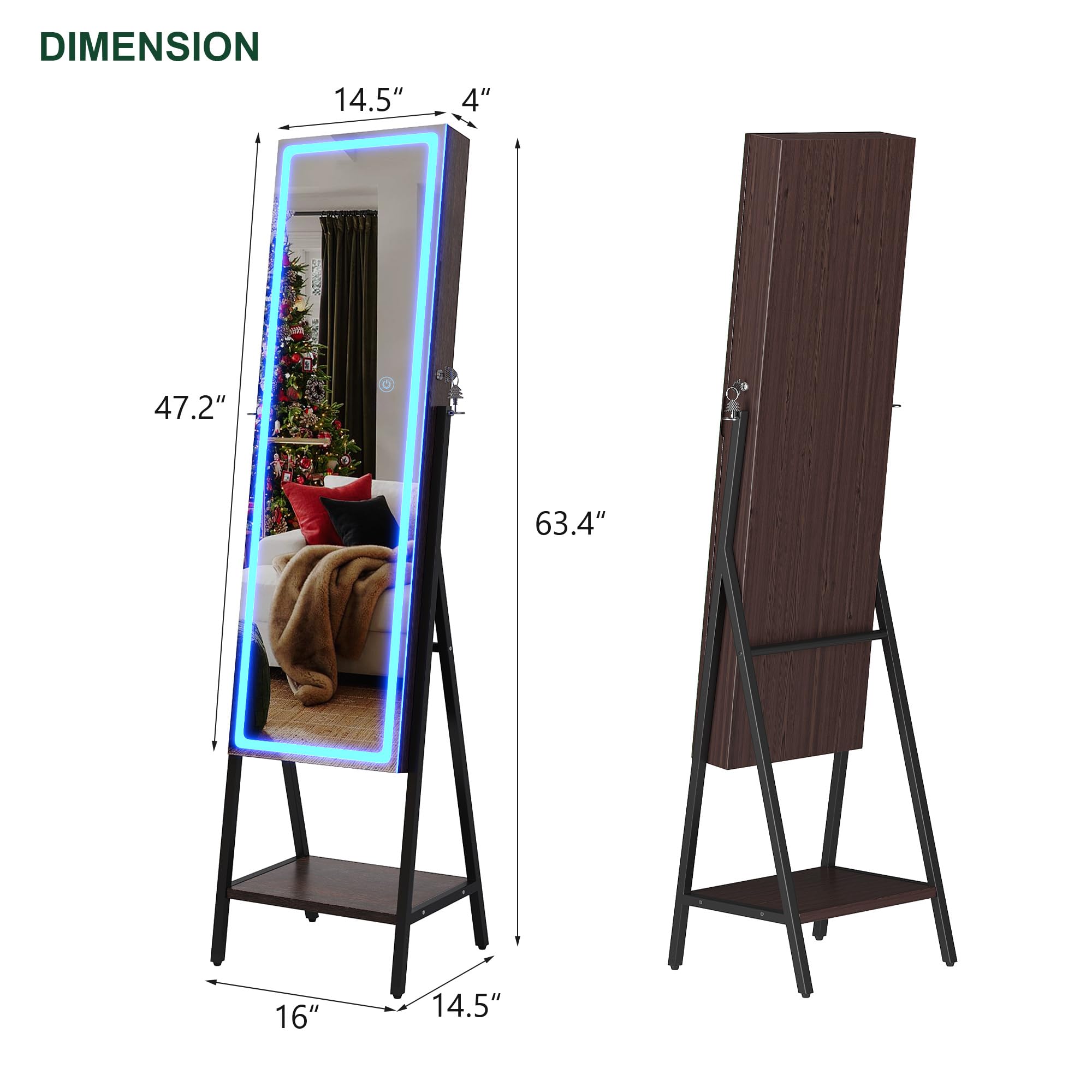 HNEBC LED Mirror Jewelry Cabinet with Lock - Full Length Standing Jewelry Armoire Organizer with Adjustable Lights & Storage | Perfect Christmas Gift for Women | Ideal for Bedroom, Dressing Room & Vanity (B-Brown)