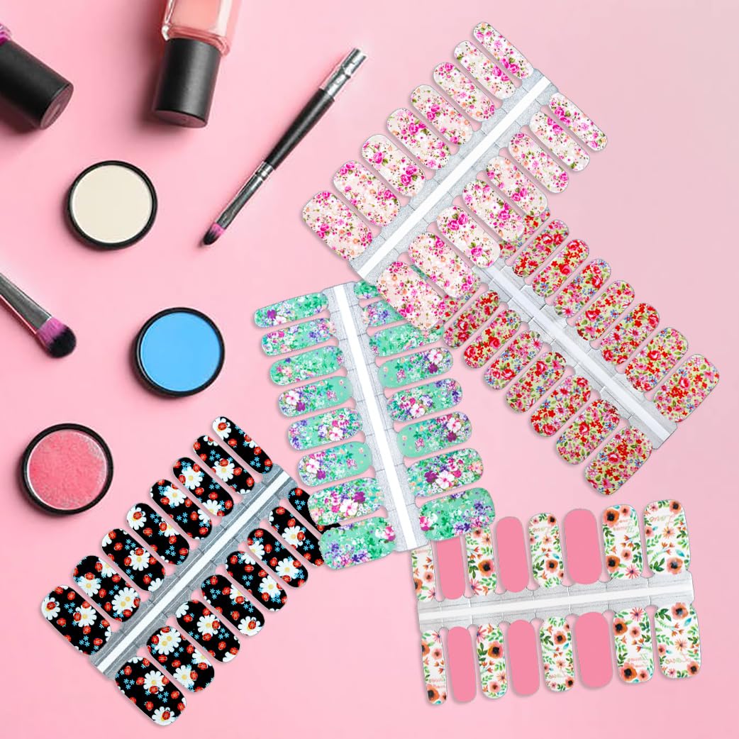 JERCLITY 5 Sheets Spring Flower Nail Stickers - Full Nail Wraps & Gel Polish Strips for Women | DIY Nail Art Kit with Nail File | Perfect for Parties, Weddings & Everyday Manicures