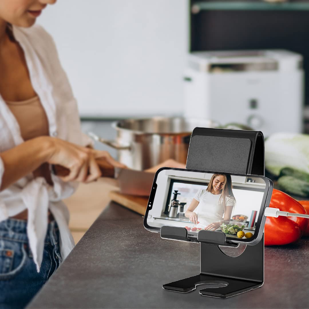 Acrimet Heavy Duty Metal Phone Stand - Adjustable Desk & Wall Mount Holder with Charging Dock for iPhone, Samsung & All Smartphones (Black) - Perfect for Home, Office & Travel Use