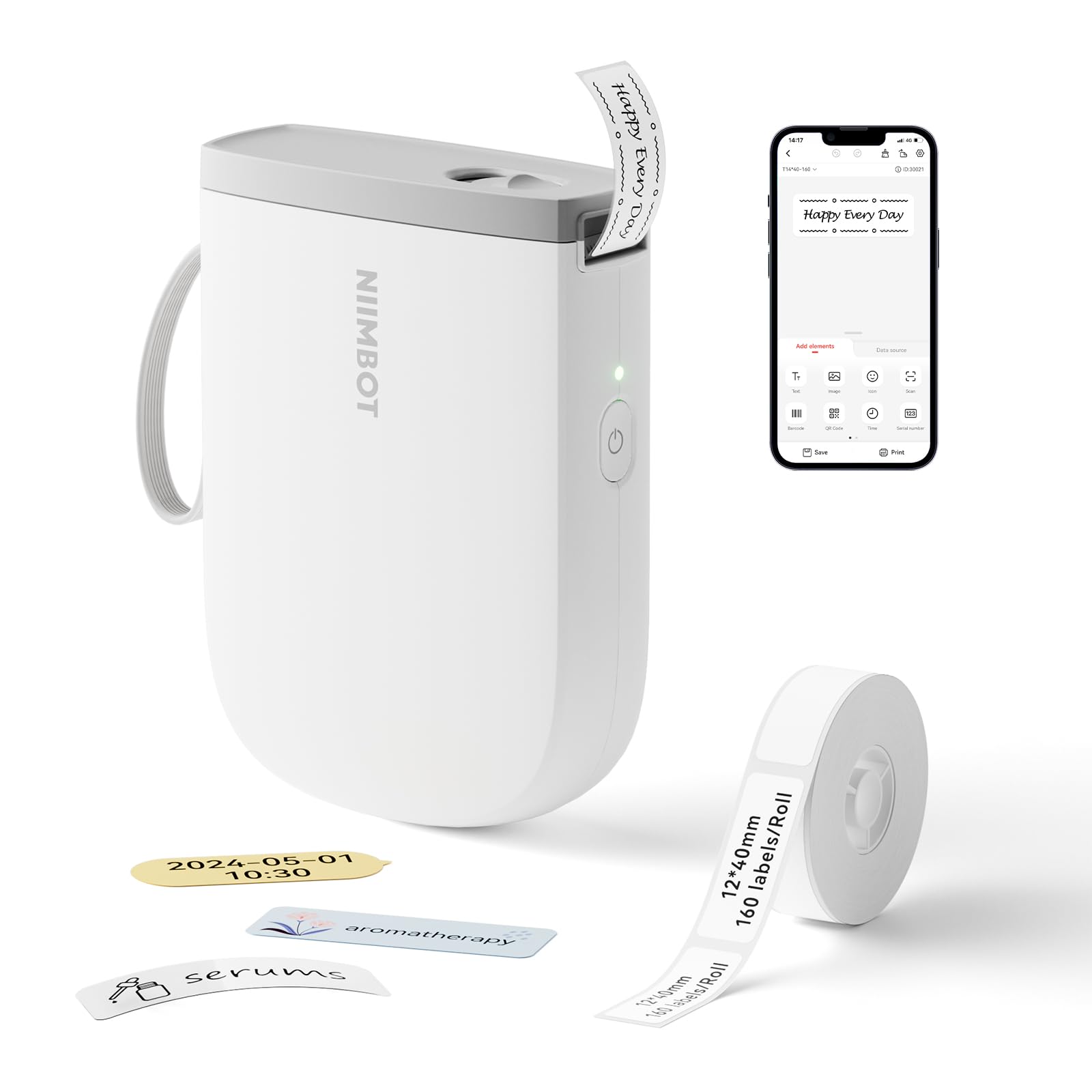 NIIMBOT D11 Bluetooth Label Maker Machine - 300DPI Thermal Printer with Tape, Portable Sticker Printer for Home, Office & School Organization (White) - Perfect for Labeling Files, Storage Boxes & DIY Projects