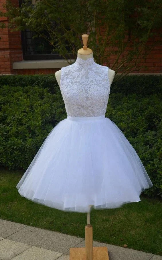 Elegant Knee-Length Lace Wedding Dress with High Neckline & Tulle Beading - Perfect for Beach Weddings, Vow Renewals & Romantic Photoshoots