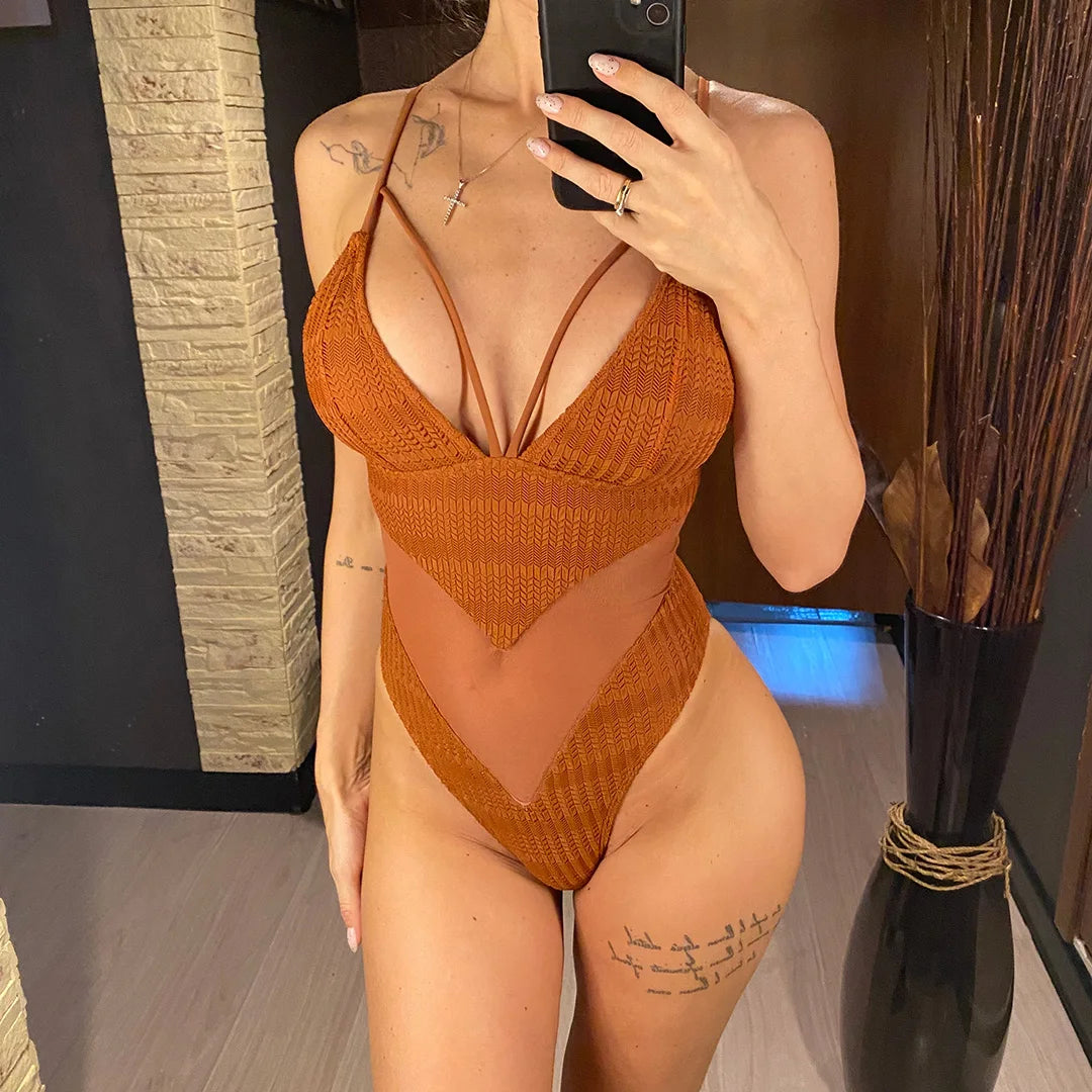 XXL V-Neck Mesh Sheer One Piece Swimsuit for Women - High Leg Cut Monokini Bathing Suit in 5 Colors (V6168) | Perfect for Beach Vacations, Pool Parties & Summer Getaways