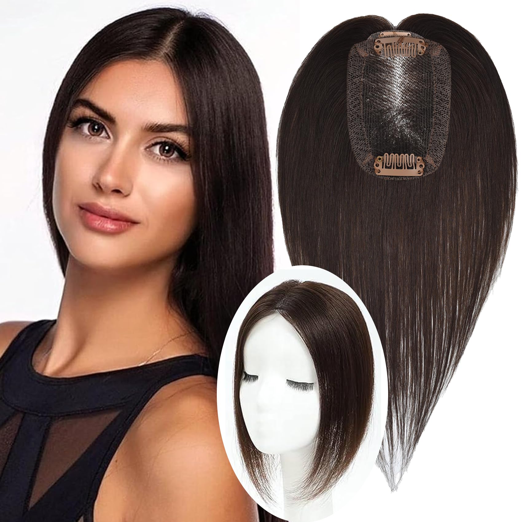 JGS1996 Real Human Hair Toppers for Women - Handmade Lace Base Remy Hair Wiglets for Thinning Hair - No Bangs Clip-in Hair Extensions 14 Inch Dark Brown - Perfect for Daily Wear, Special Occasions & Hair Loss Solutions