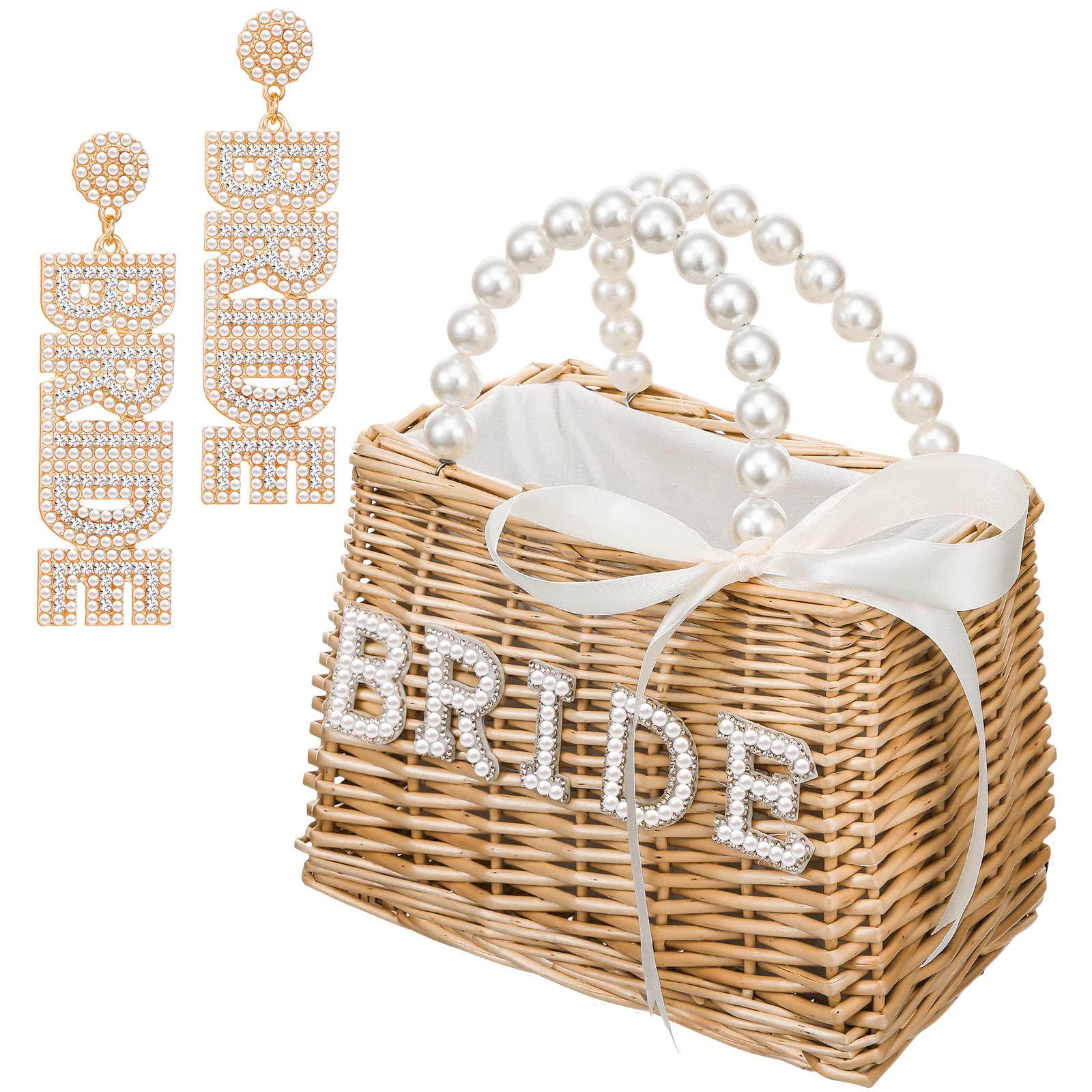 Kacctyen 2-Piece Bridal Accessories Set - Rhinestone Dangle Earrings & Rattan Woven Tote Bag with Pearl Decorations for Wedding, Bachelorette Party, Honeymoon | Perfect Bridal Shower Gift for Bride-to-Be