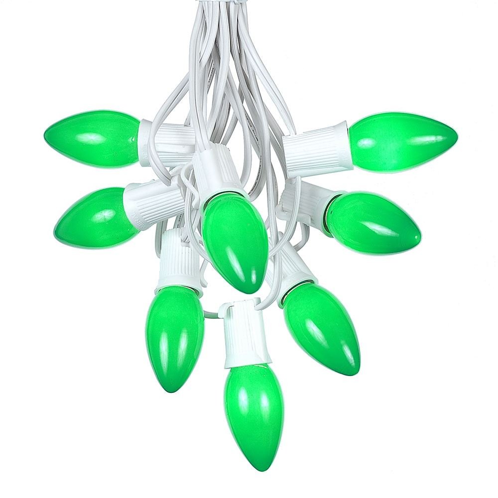 Vintage Green Ceramic C9 Christmas String Lights - 25 Mini Bulbs Indoor/Outdoor Holiday Decor with White Wire (25 Feet) for Roof Lines, Patios, Trees & Holiday Parties