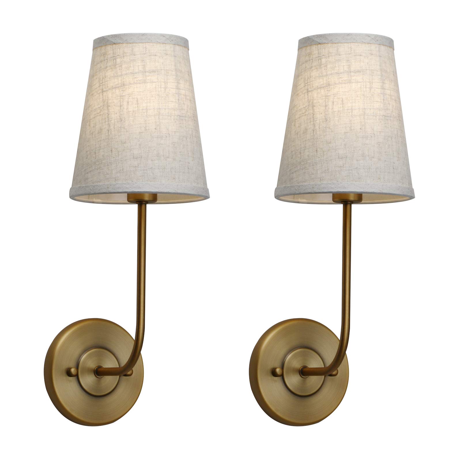 Vintage Brass Wall Sconces Set of 2 - Linen Shade Bathroom Vanity Lights for Bedroom & Living Room