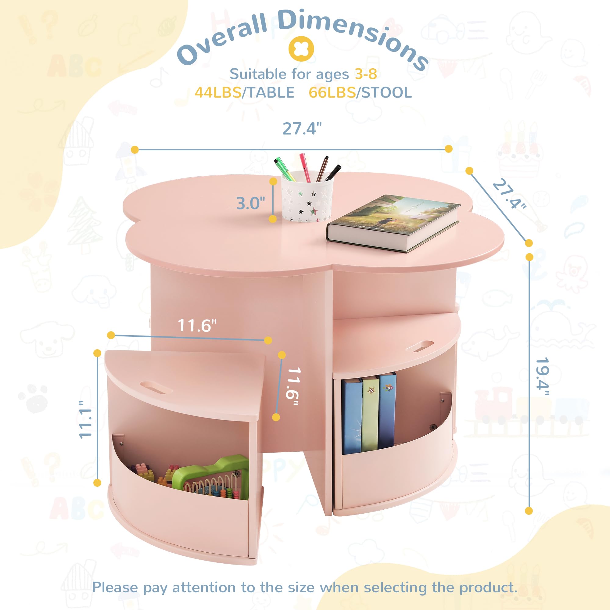 **Pink Flower-Shaped Kids Table and Chair Set with 4 Storage Stools & Built-in Pen Holder - Toddler Activity, Play, Art, Reading & Craft Table - Ideal for Playrooms, Daycares, Homeschooling & Montessori Learning**