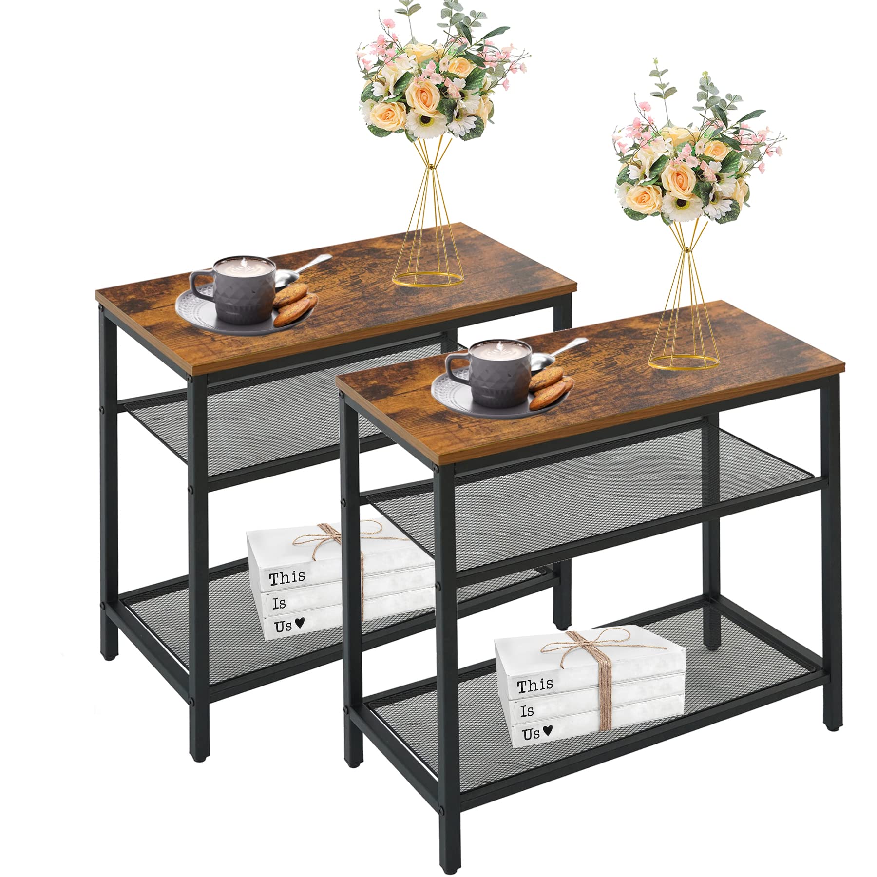 INXPARK 2-Tier End Tables Set of 2 with Storage Shelves - Industrial Narrow Nightstand for Bedroom & Living Room - Rustic Brown Side Table for Small Spaces | Perfect for Apartments, Dorms & Cozy Home Decor