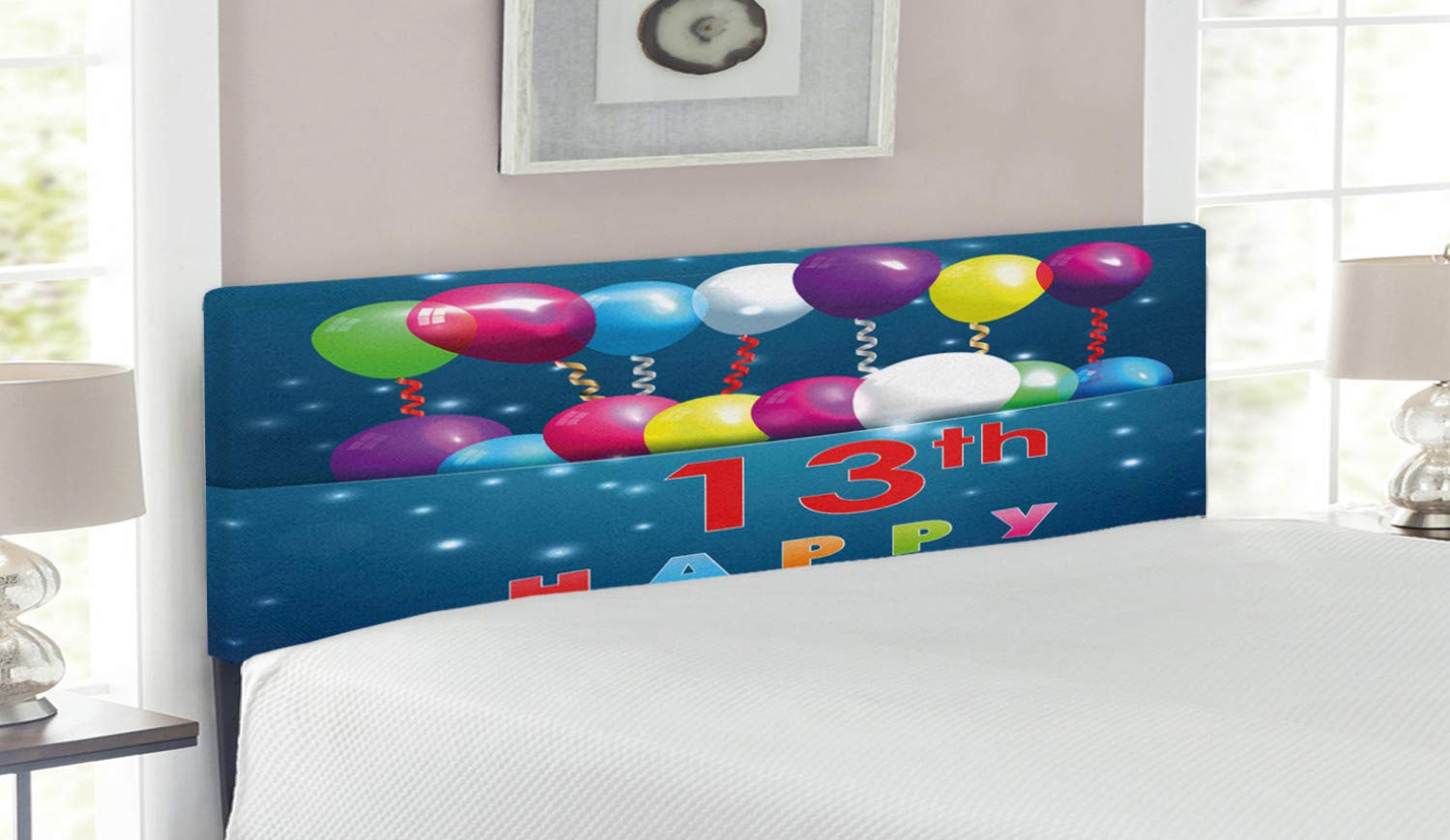 Ambesonne 13th Birthday Headboard - Colorful Upholstered Metal Bed Headboard with Memory Foam for Teen Girls Room Decor | Queen Size Decorative Headboard with Balloons, Ribbons & Stars Design | Perfect for Birthday Parties, Sleepovers & Teen Bedroom Makeovers