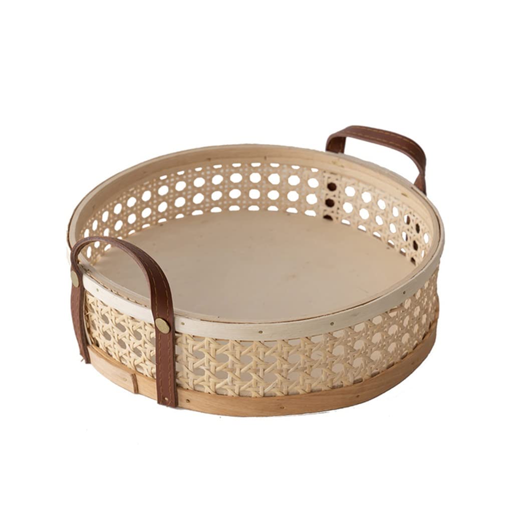 Hand-Woven Round Rattan Storage Basket - Wicker Serving Tray with Leather Handle for Fruits, Snacks, Bread (White, 9.5