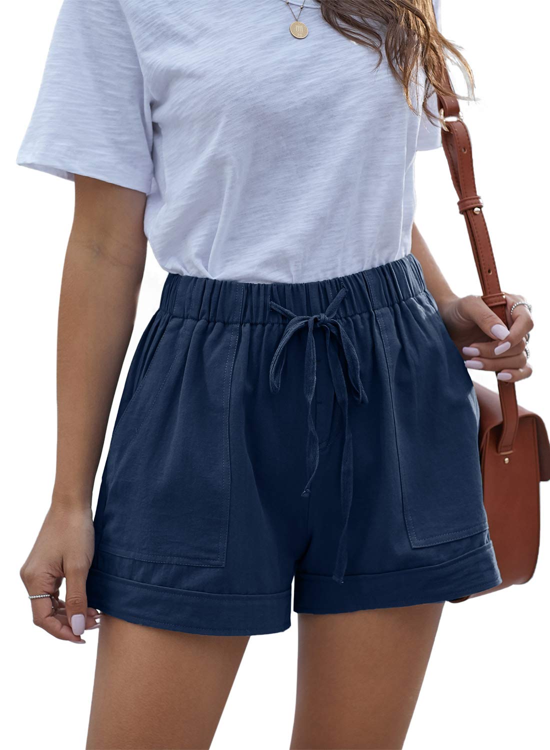 HUUSA Women's 2025 Summer High Waist Cotton Shorts with Drawstring & Pockets - Casual Beachwear, Athletic Lounge Shorts for Yoga, Running, Travel & Vacation