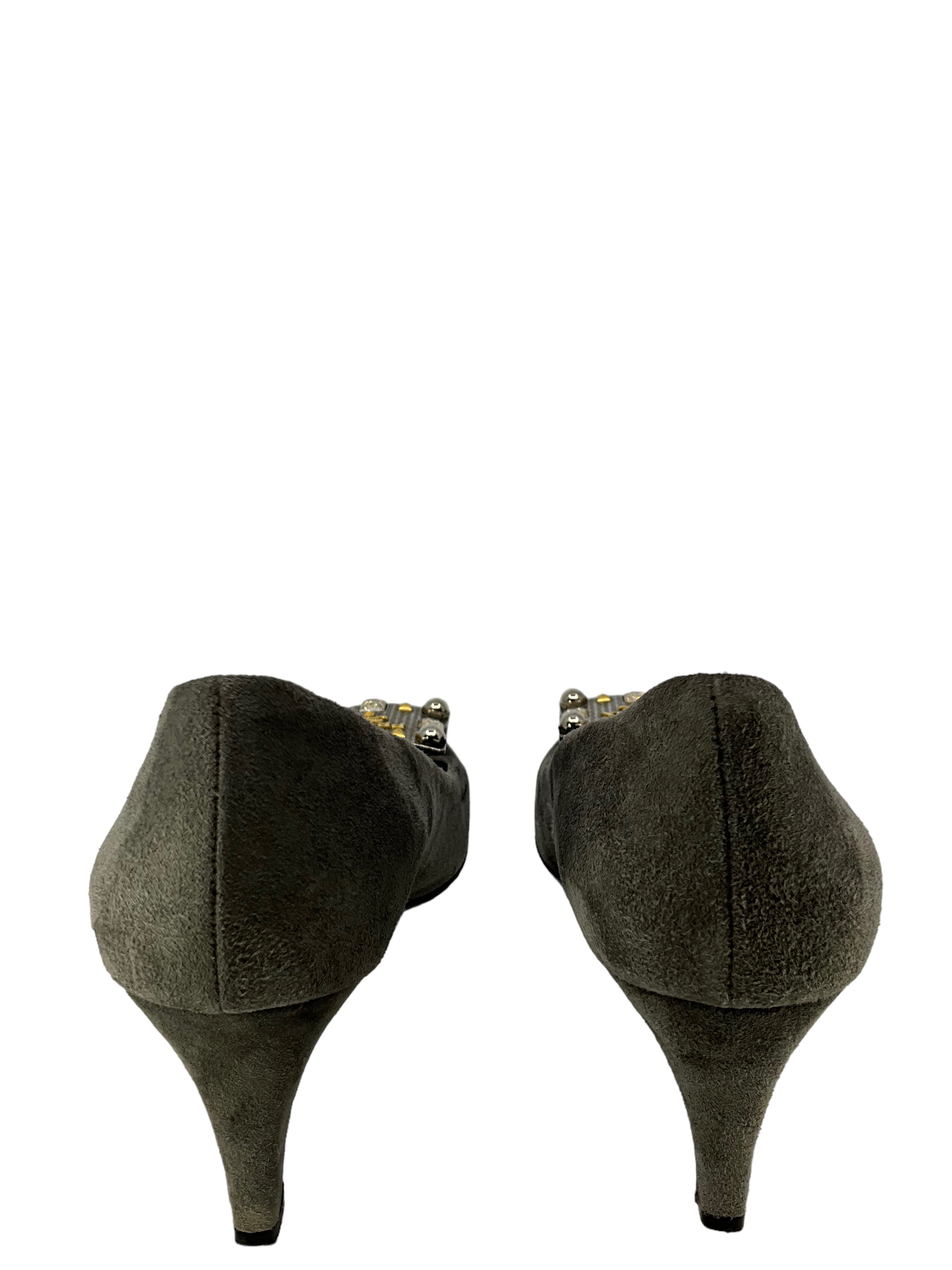 Prada Gray Suede Embellished Heels Women's Size 9 | Luxury Designer Pumps for Parties, Weddings & Formal Events