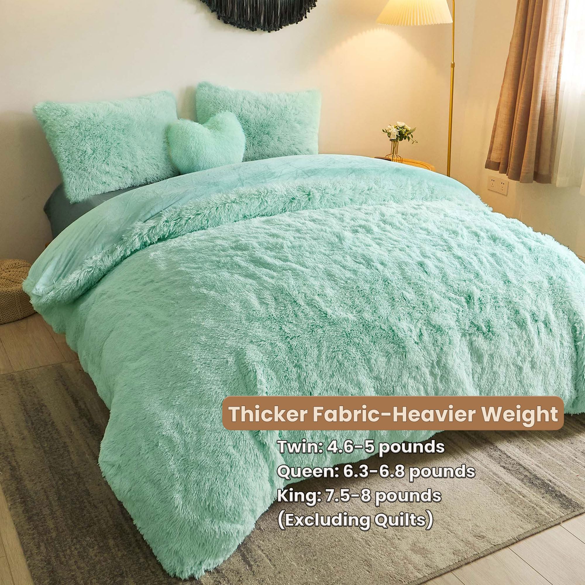 Luxury Shaggy Faux Fur Duvet Cover Set - Ultra Soft 3 Piece Queen Size Comforter Cover with Zipper Closure (Aqua Green) | Fluffy Bedding Set for Cozy Winter Nights & Stylish Home Decor