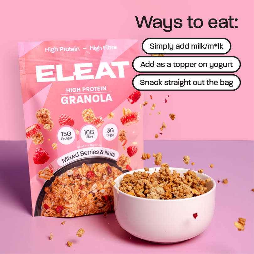 Eleat High Protein Granola - 15g Protein per Serving, Low Sugar, High Fiber, Keto & Vegan Friendly Breakfast Cereal - Perfect for Healthy Morning Meals, Post-Workout Snacks and On-the-Go Nutrition