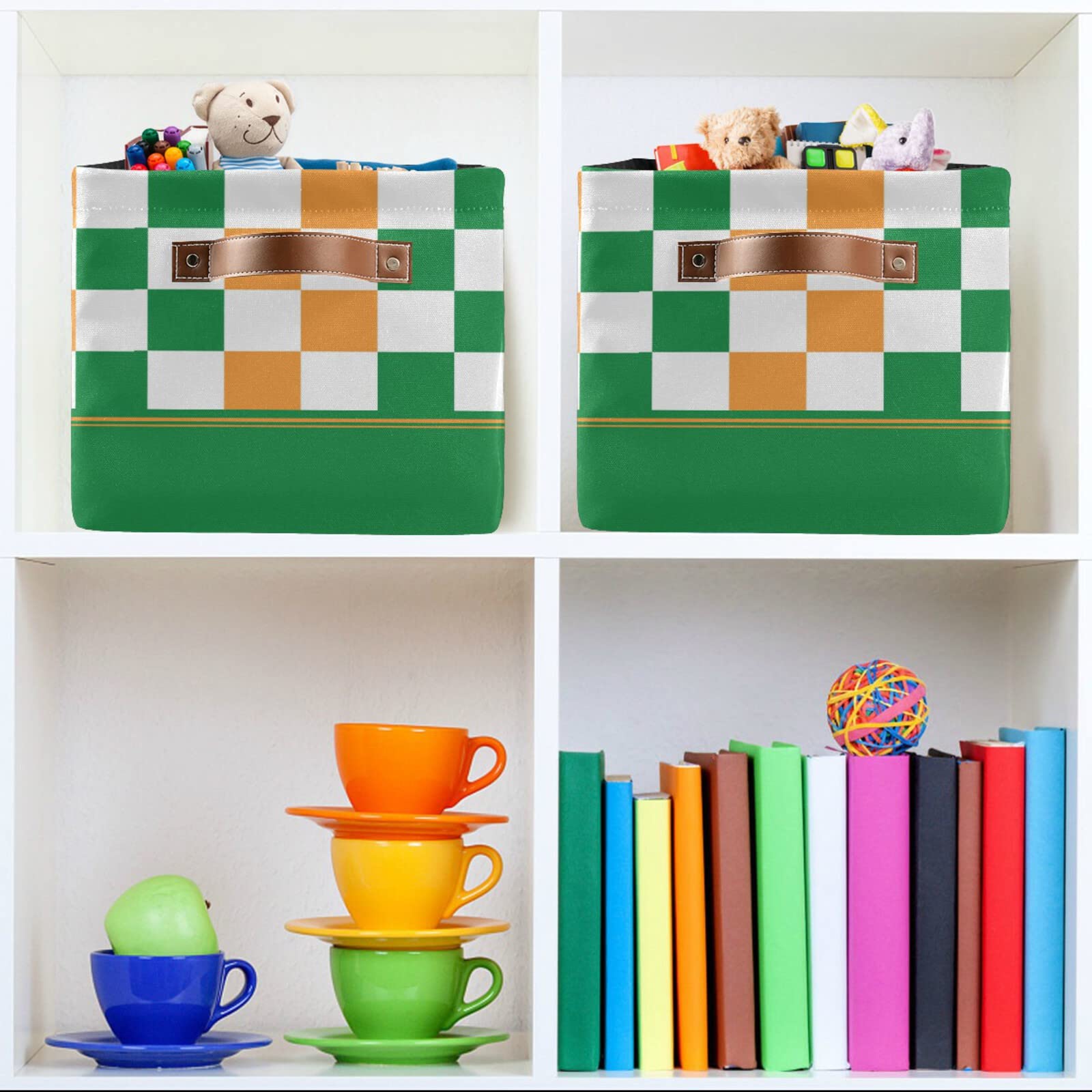 Yellow Green Plaid Collapsible Storage Basket with Leather Handles - Foldable Rectangular Storage Bin for Kitchen, Kids Room, Bathroom | Home Organization & Gift Basket Solution