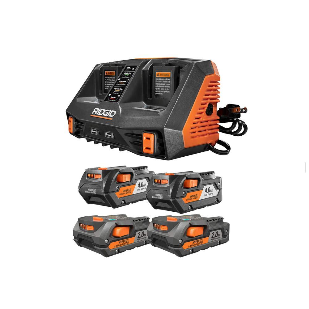 Ridgid 18V Lithium-Ion Dual Port Sequential Charger Kit with (2) 4.0Ah & (2) 2.0Ah Batteries - Fast Charging for Power Tools, Drills, Saws - Perfect for Construction, DIY Projects, Home Improvement