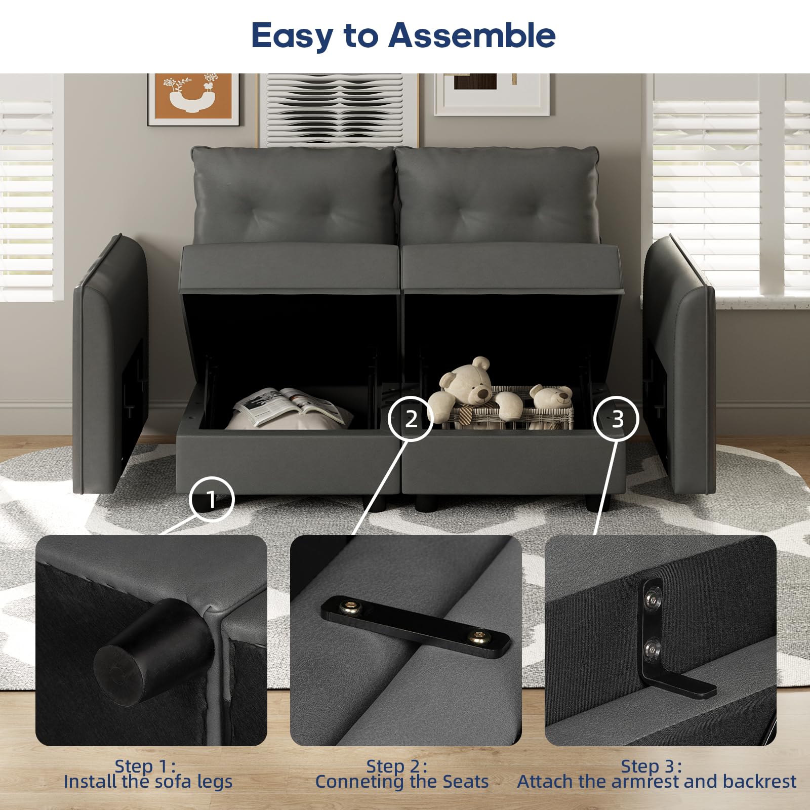 LLappuil Modular Sectional Sofa - Convertible L-Shaped Couch with Storage Chaise & Ottoman | 5-Seater Faux Leather Living Room Sofa in Dark Grey | Perfect for Small Spaces, Apartments & Family Movie Nights