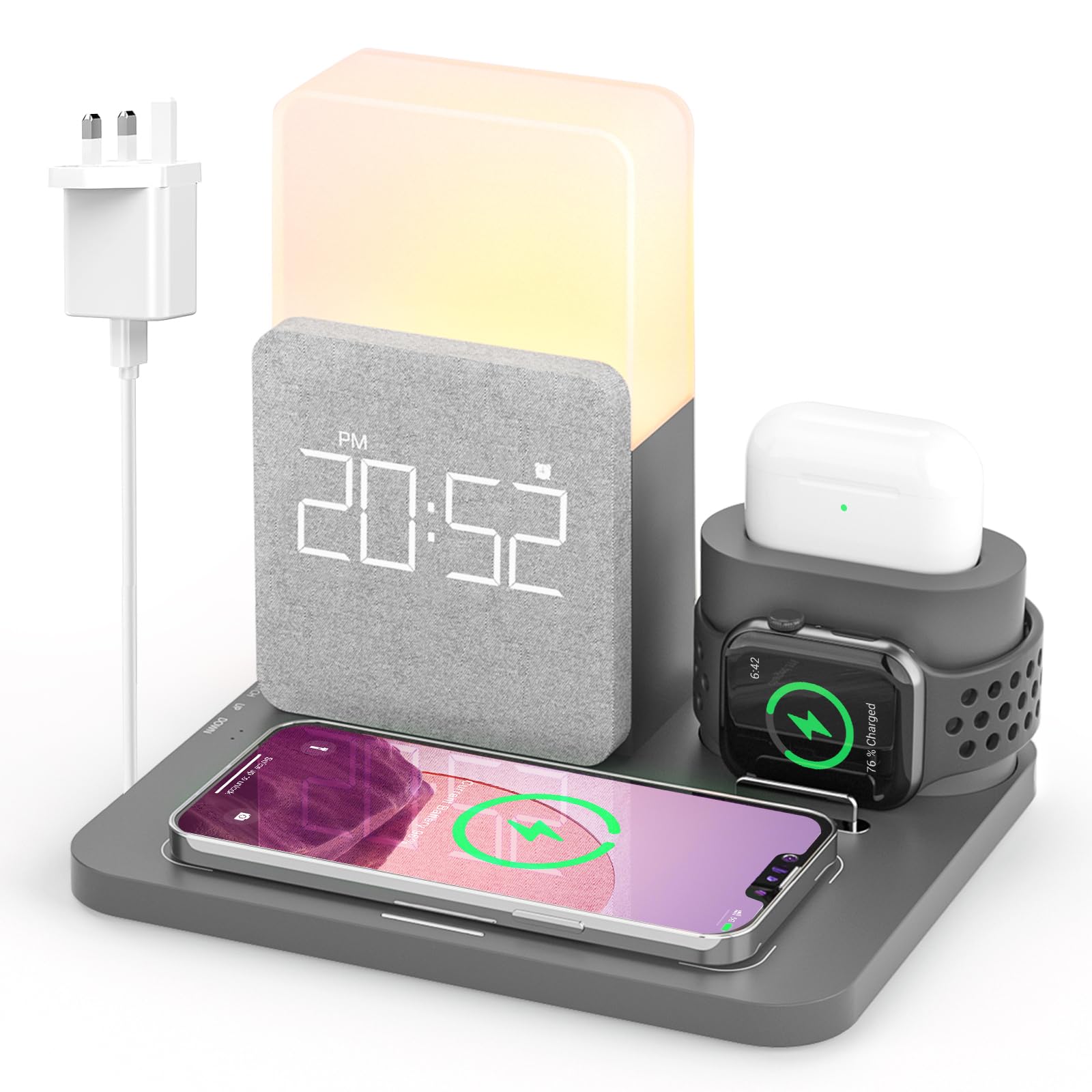 3-in-1 Wireless Charging Station for iPhone 16/15/14/13/12/Pro/Pro Max/Mini - Fast Wireless Charger with Digital Alarm Clock & Night Light - Gray - Perfect for Bedroom, Office & Travel Charging