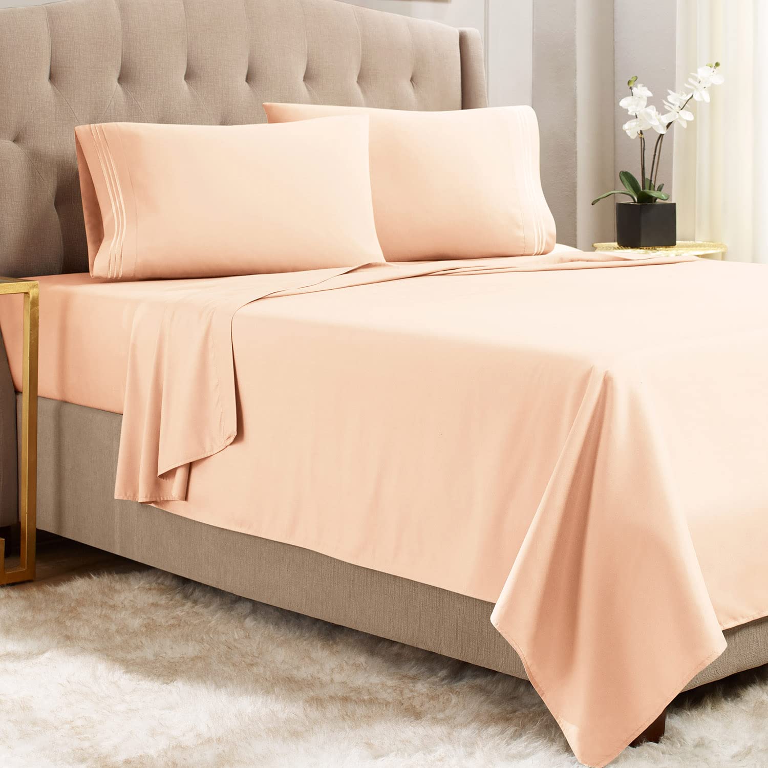 Empyrean Bedding California King Sheet Set - 4 Piece Ultra Soft Double Brushed Microfiber Bed Sheets in Pale Blush Pink - Hotel Luxury Bedding with Deep Pocket & 4 Corner Elastic Straps for Cal King Beds - Perfect for Master Bedrooms, Guest Rooms & Luxury Hotels
