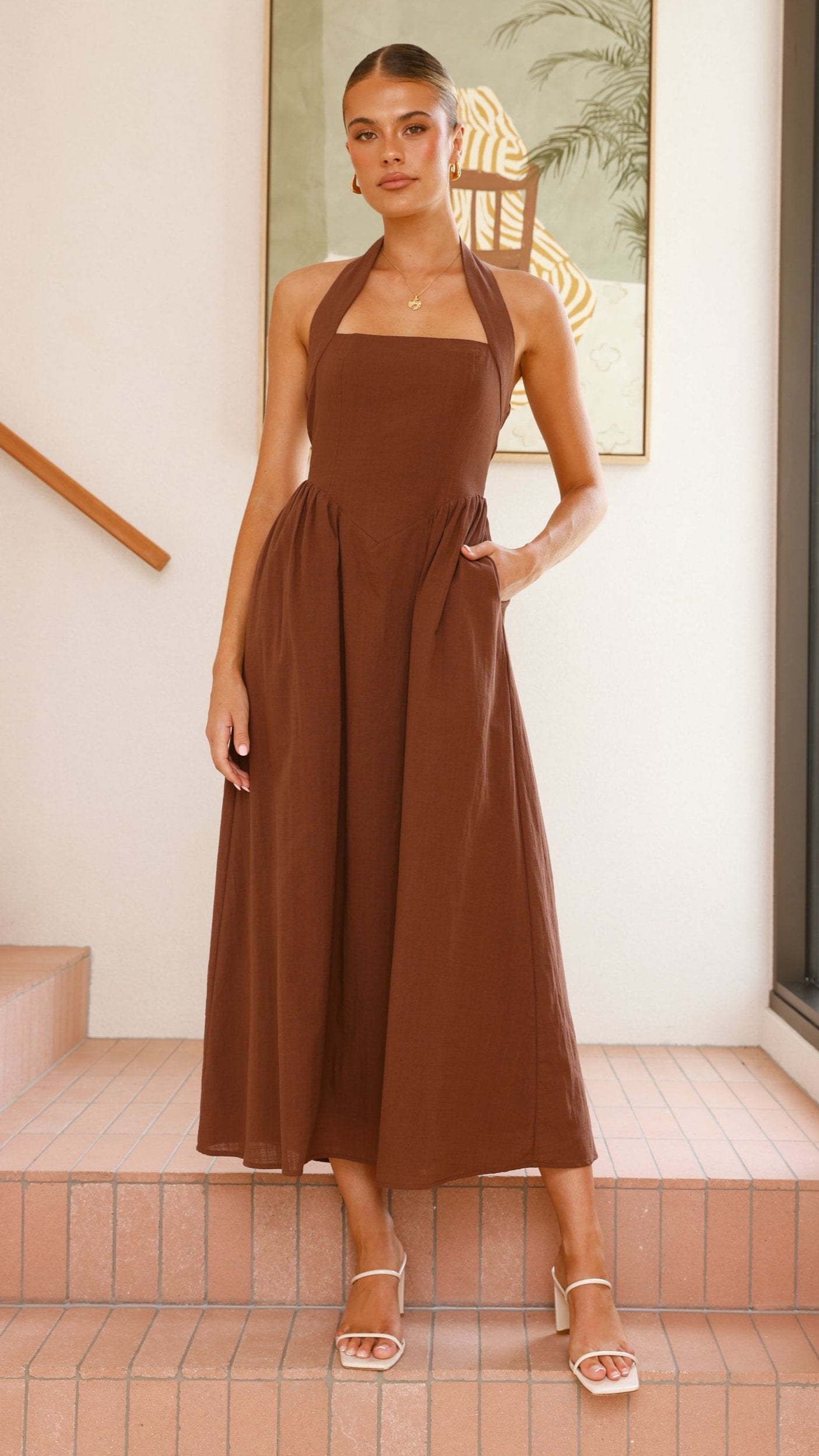 Caden Maxi Dress for Women - Elegant Chocolate Brown Long Flowy Dress for Summer, Beach, and Casual Outings