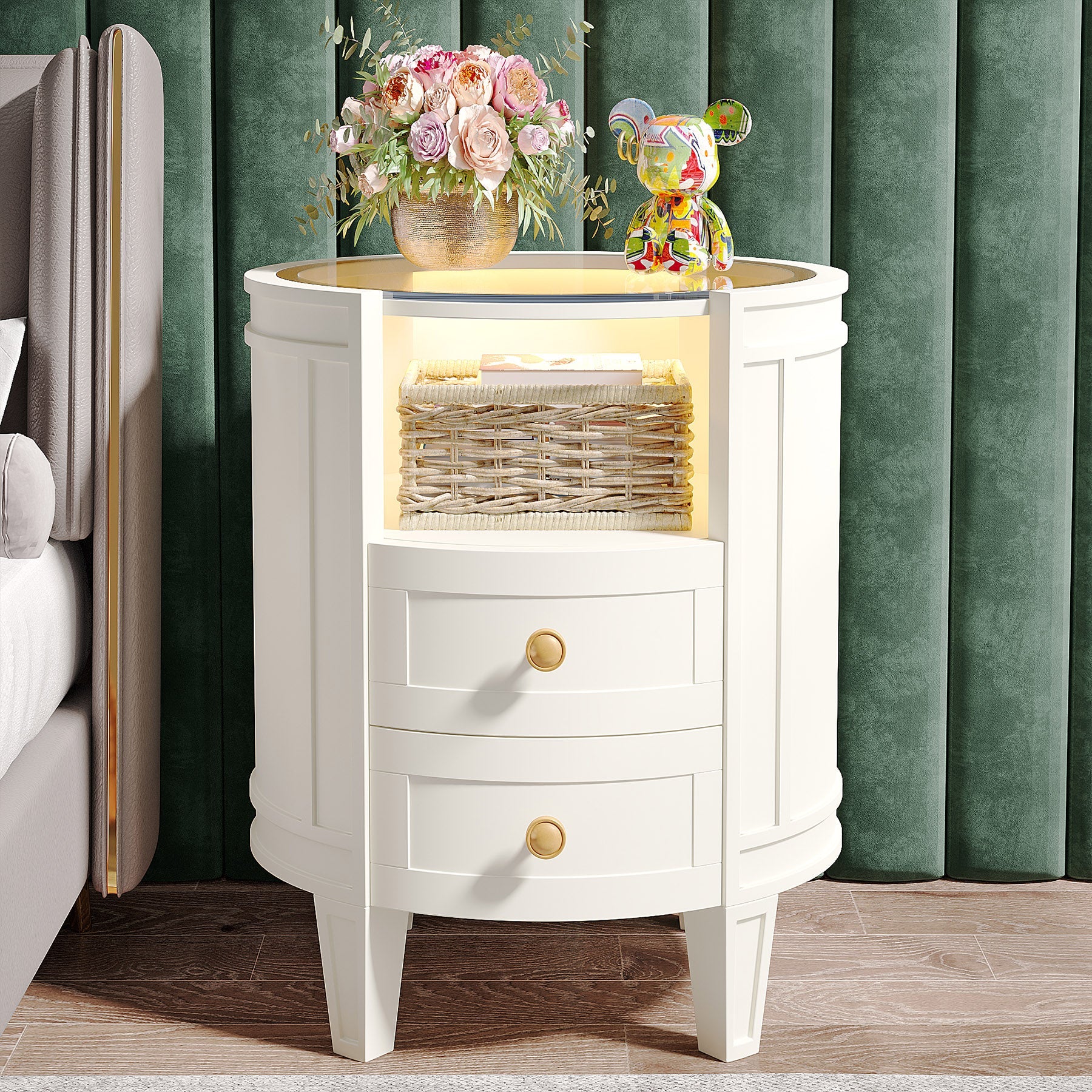 Modern 2-Drawer Nightstand with LED Light & Glass Tabletop - Stylish Bedside Table for Bedroom, Living Room, or Office Use
