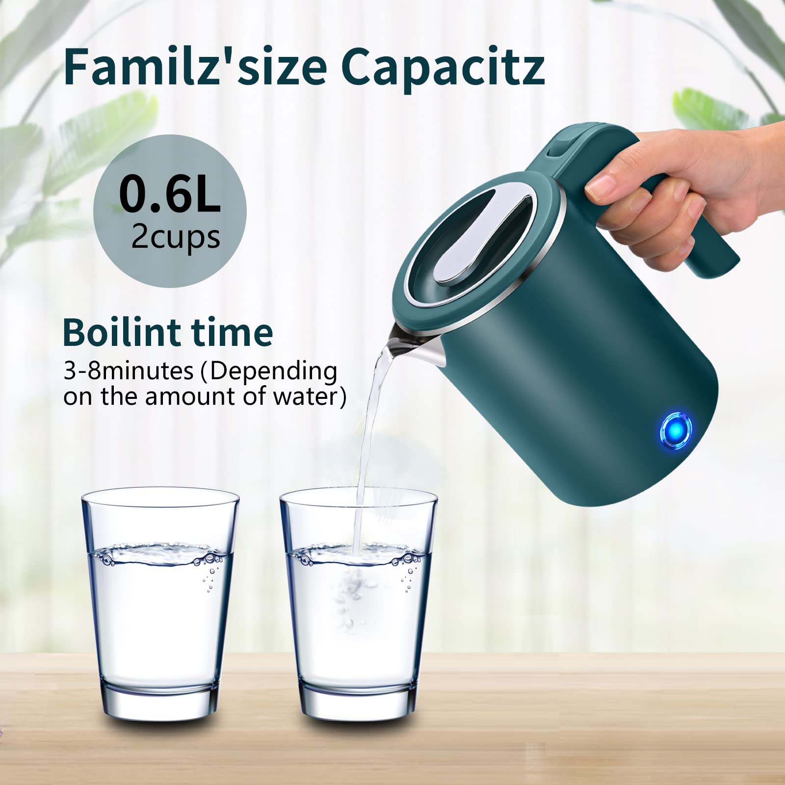 Stainless Steel Electric Kettle 0.6L - Mini Portable Travel Tea Kettle & Hot Water Boiler - Fast Heating for Camping, Office, Hotel & Business Travel - Compact & Lightweight (Green) - Perfect for Tea, Coffee, Instant Noodles & Baby Formula Preparation