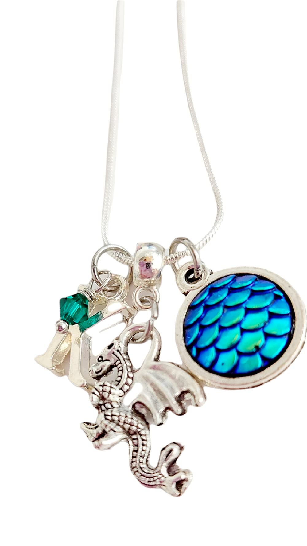 Handmade Mystical Fantasy Dragon Gothic Charm Silver Necklace - Personalized Initial & Colored Dragon Scale Pendant for Cosplay, LARP, Fantasy Costume Jewelry Gift
