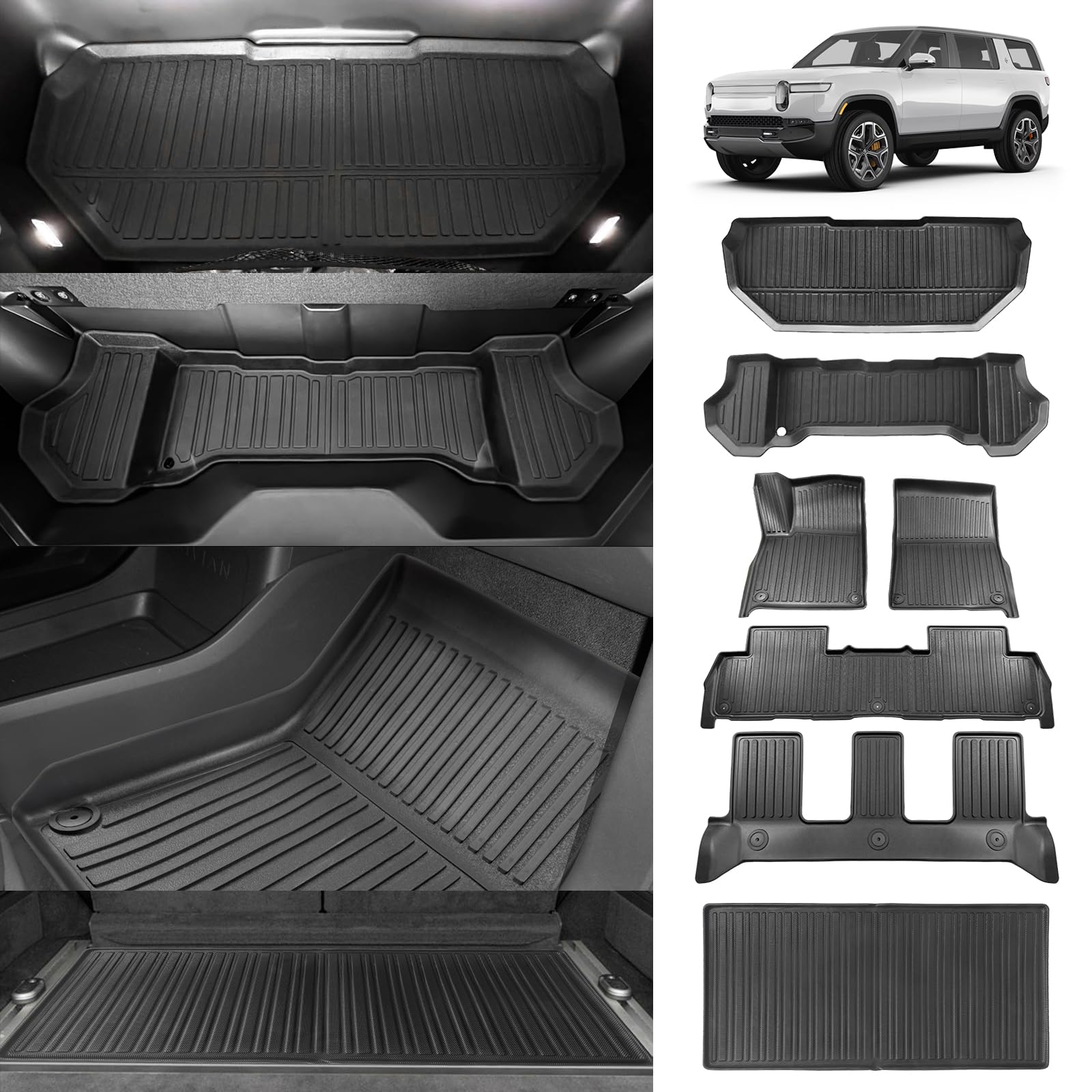 BestEvMod All-Weather Cargo Liners Set for Rivian R1S (2022-2024) - Frunk Mat, Floor Liners & Trunk Mat | Anti-Slip 3D TPE Design | Waterproof & Durable | Perfect for Road Trips, Camping & Outdoor Adventures