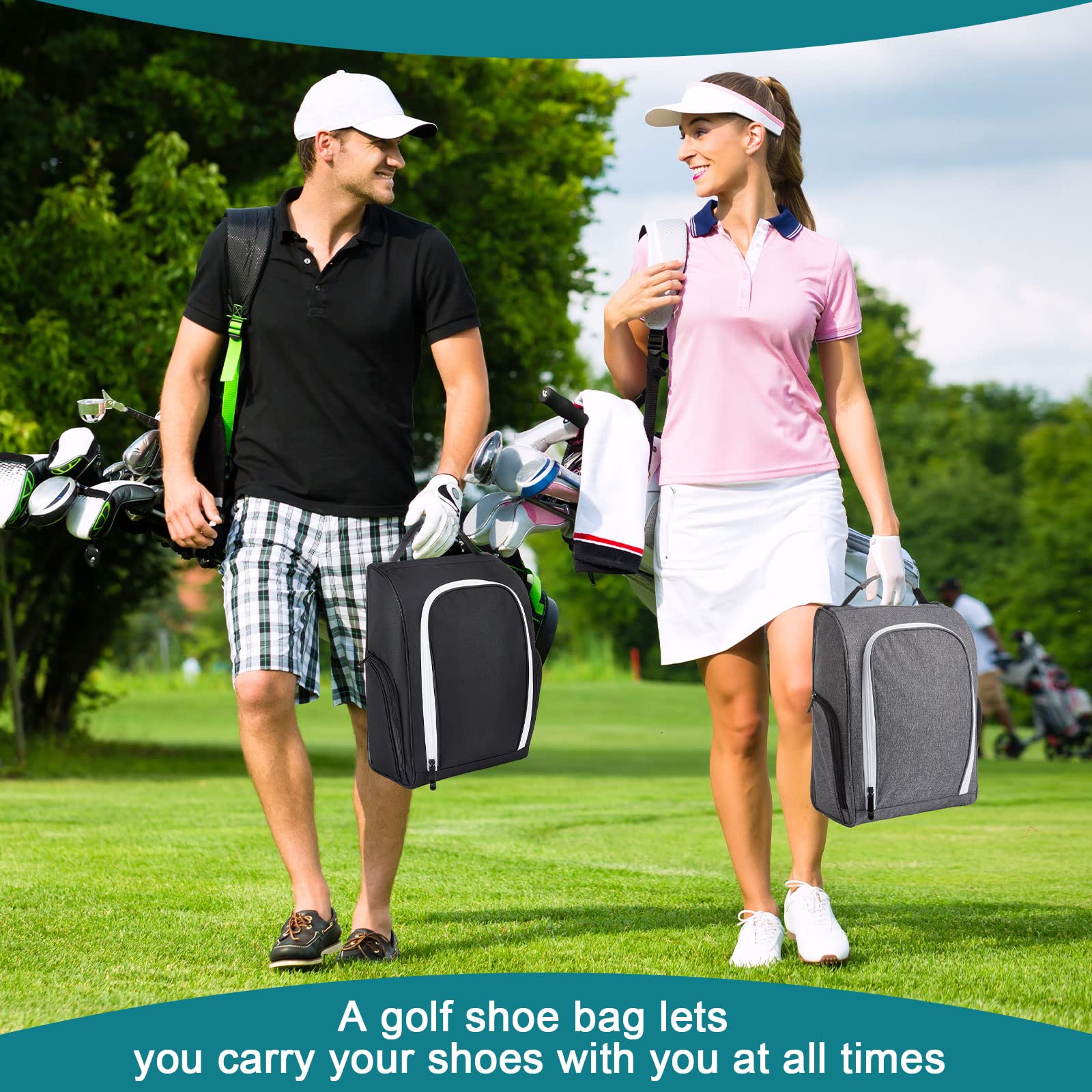 Funtery 2 Pack Golf Shoe Travel Bag - Waterproof Zippered Sports Shoe Carrier with Ventilation & Exterior Pocket for Golf Balls, Tees & Socks - Lightweight Golf Accessories for Men & Women - Perfect for Travel, Gym & Golf Course Use