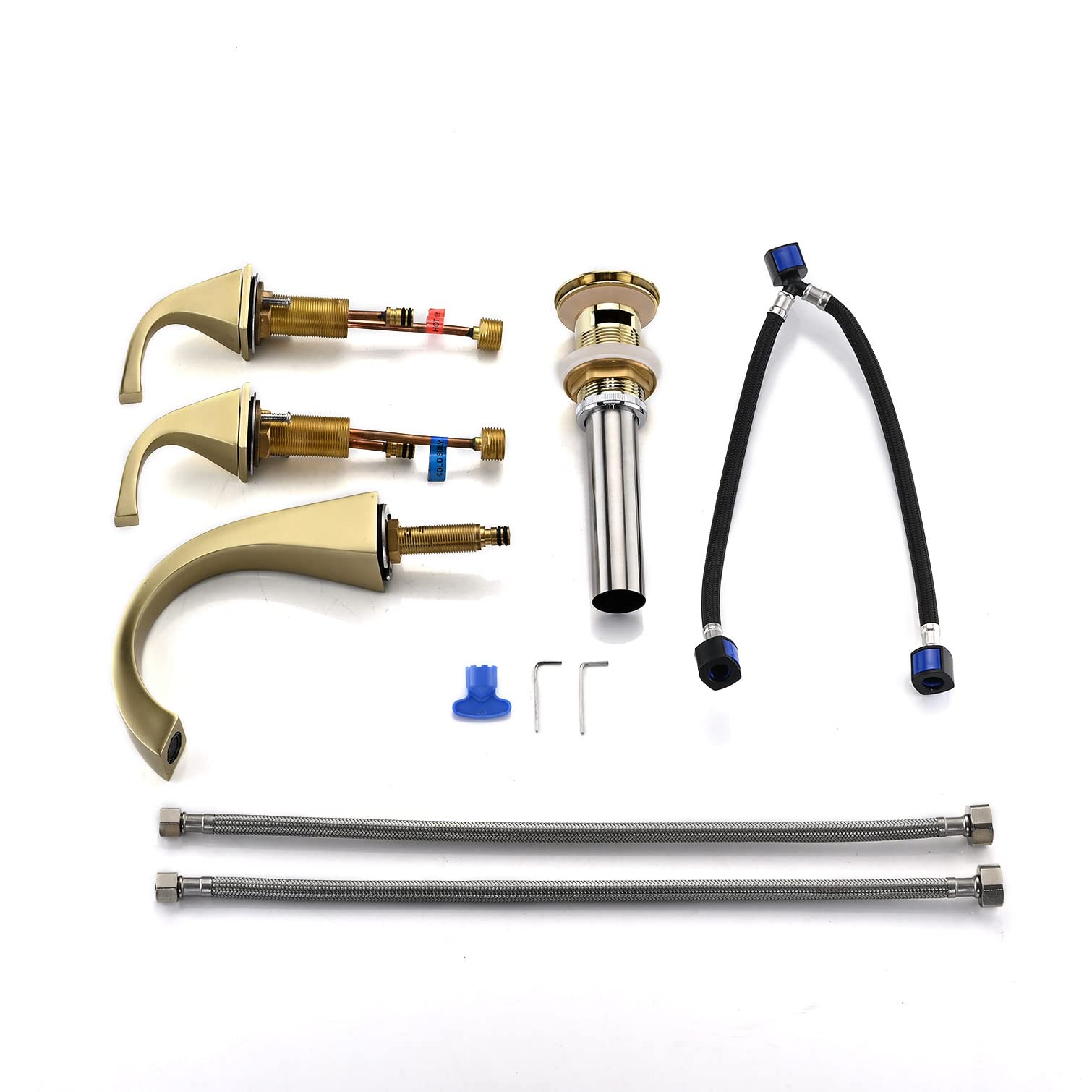 Brushed Gold Widespread Bathroom Faucet - 8 Inch 2-Handle Brass Sink Faucet for 3-Hole Lavatory with Pop-Up Drain & Supply Hoses | Perfect for Modern Bathroom Vanities & Guest Baths