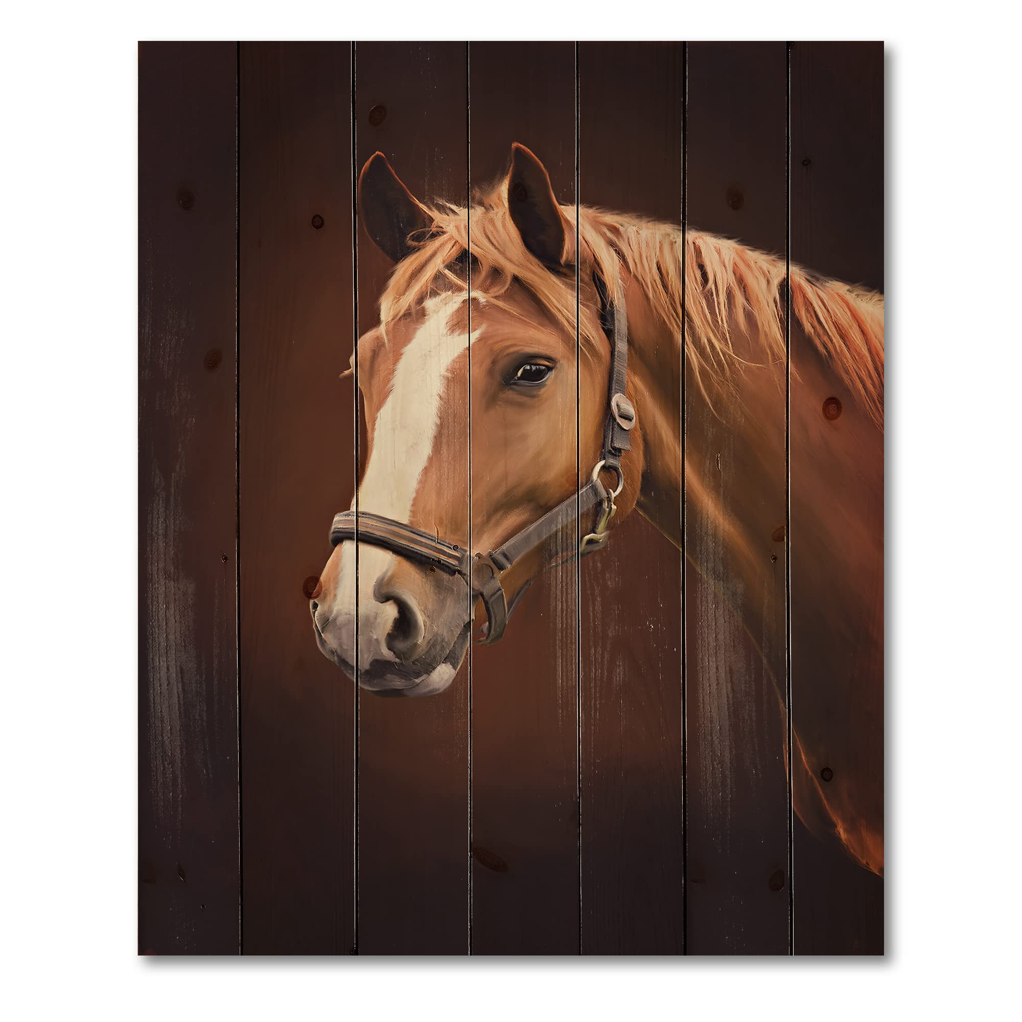 Farmhouse Wood Wall Decor - Brown Horse Portrait with White Nose II, Large Animal Wood Wall Art Panel Printed on Natural Pine Wood - Perfect for Living Room, Bedroom & Country Style Home Decor