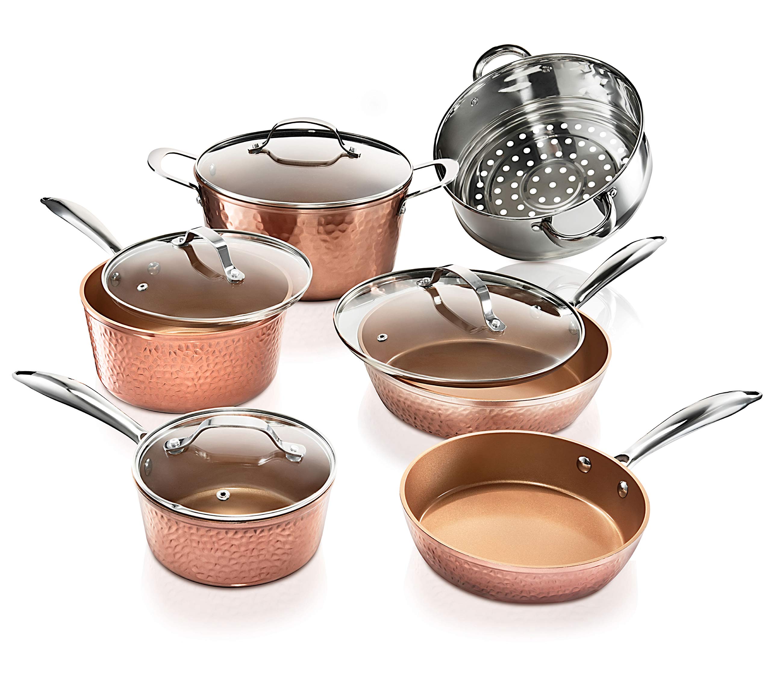 Gotham Steel Hammered Copper 15-Piece Premium Cookware & Bakeware Set with 10-Piece Ceramic Pots and Pans - Nonstick Kitchen Essentials for Baking, Frying & Cooking - Perfect for Home Chefs & Professional Kitchens