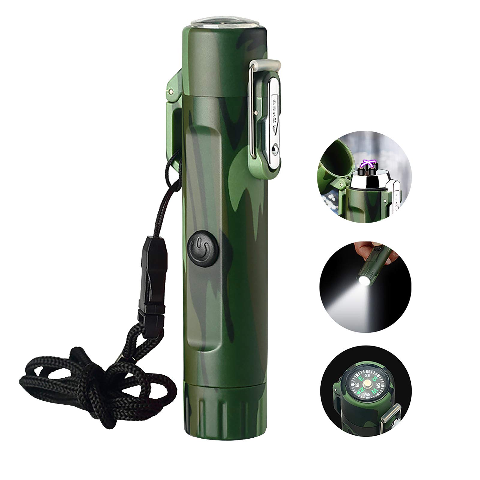 GATOOKO Windproof Waterproof Arc Plasma Lighter with Keychain, Compass & Flashlight - Flameless Electric Lighter for Outdoor Survival, Hiking, Camping (3 Camouflage Colors) | Perfect for Backpacking, Emergency Kits & Everyday Carry