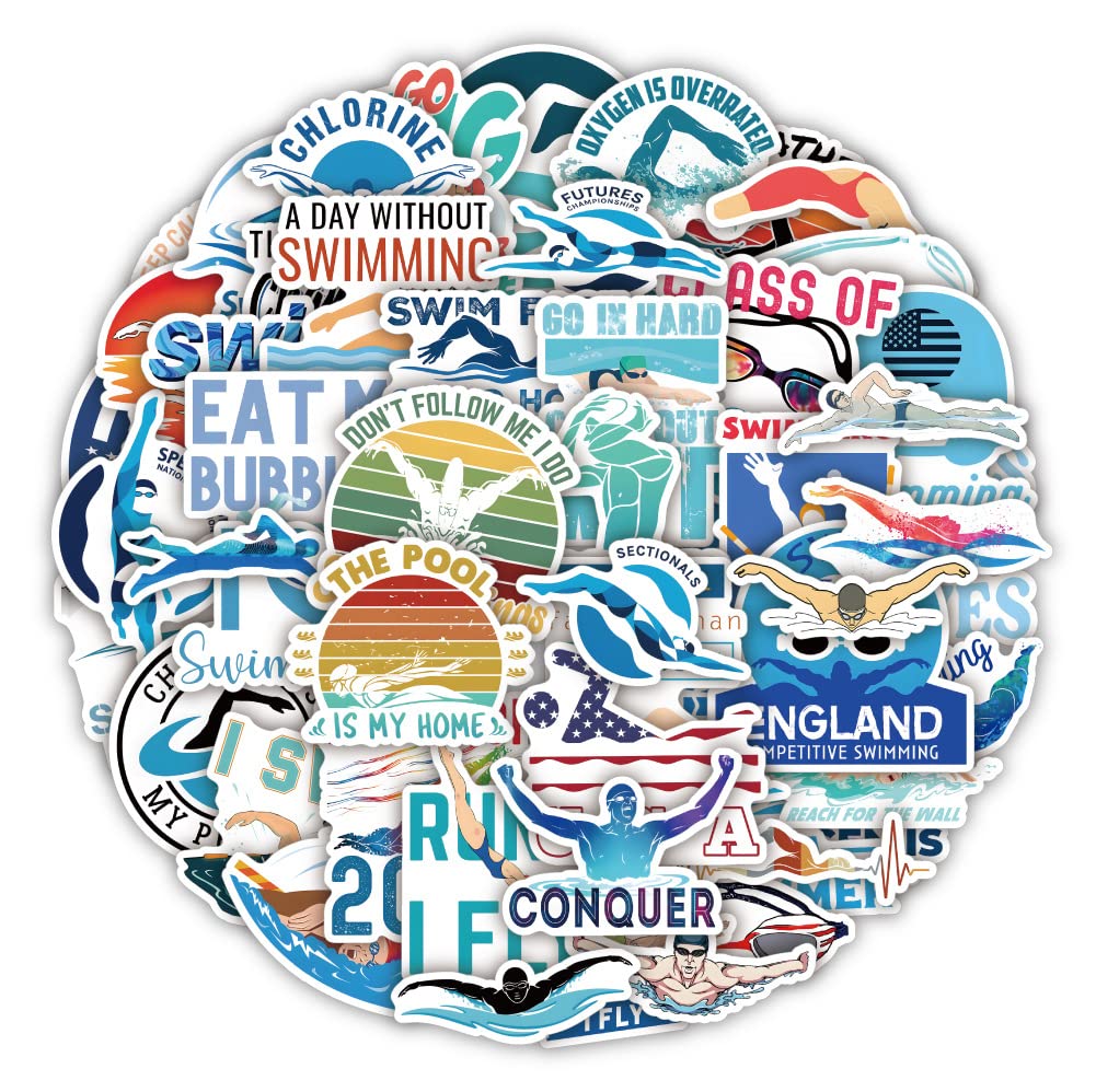 50 Pcs Waterproof Swimming Stickers - Vinyl Aesthetic Decals for Swimmers | Durable Sport Stickers for Water Bottles, Laptops, Suitcases, Skateboards & Cars | Perfect Gift for Kids, Teens & Adult Swimmers | Great for Pool Parties, Swim Meets & Summer Activities
