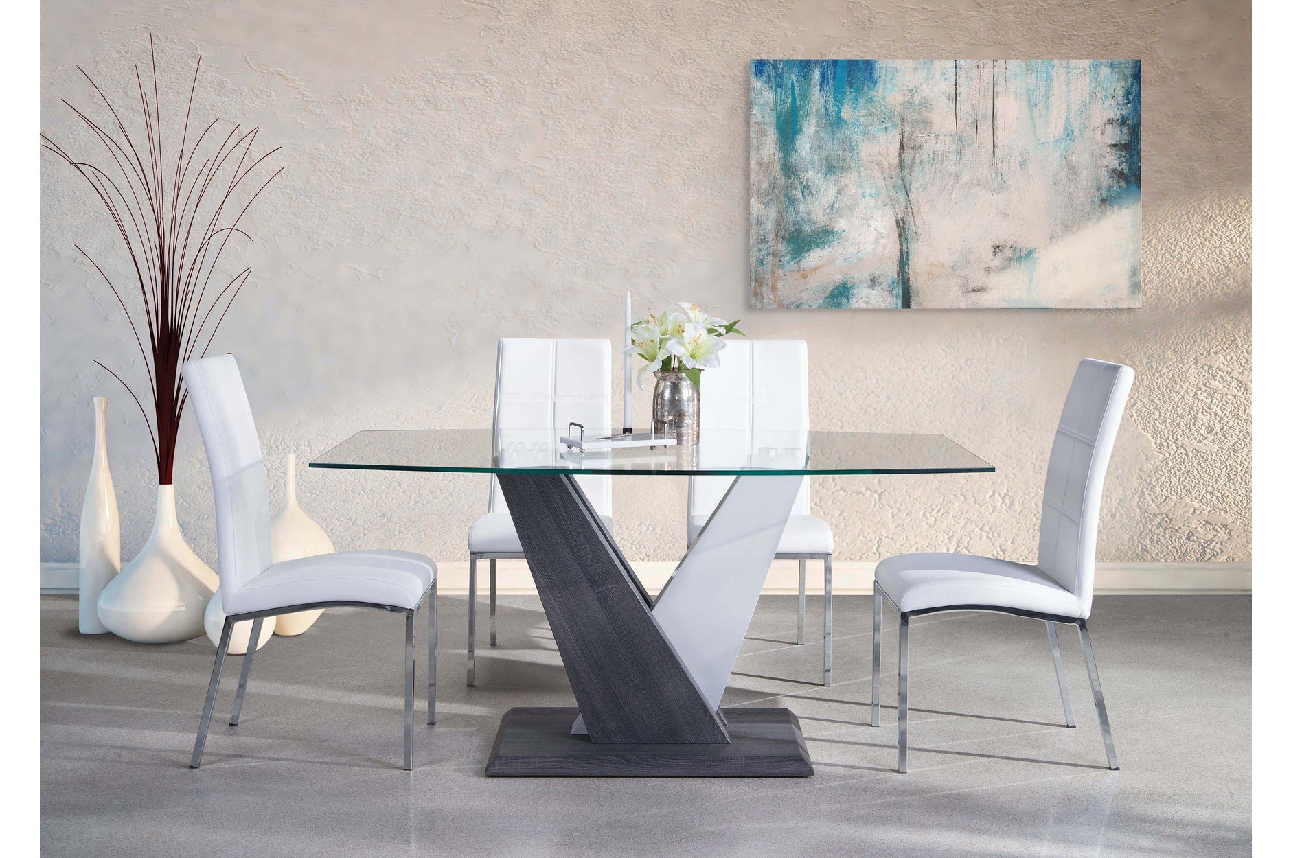 Baxter Pedestal 5-Piece Dining Set with White Chairs - Modern Kitchen & Dining Room Furniture for Family Gatherings