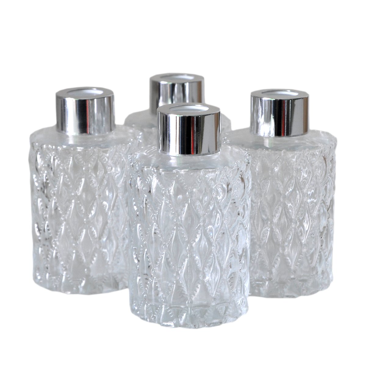 4-Pack Diamond Cut Cylindrical Glass Essential Oil Diffuser Bottles with Silver Caps (120ML) - Perfect for Aromatherapy, Home Spa, and Gift Giving