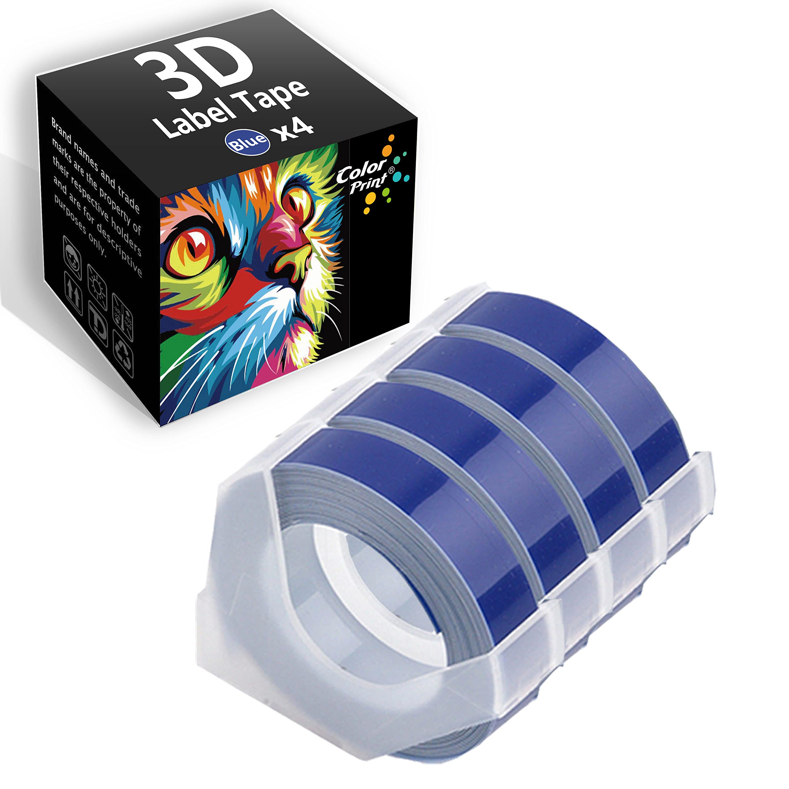 4-Pack Blue Colorprint Compatible Label Tape for Dymo 3D Embossing Label Maker - Works with Organizer Xpress Pro, Motex, Omega Home, Junior Embosser & Office-Mate II - Perfect for Home, Office Organization & Craft Labeling