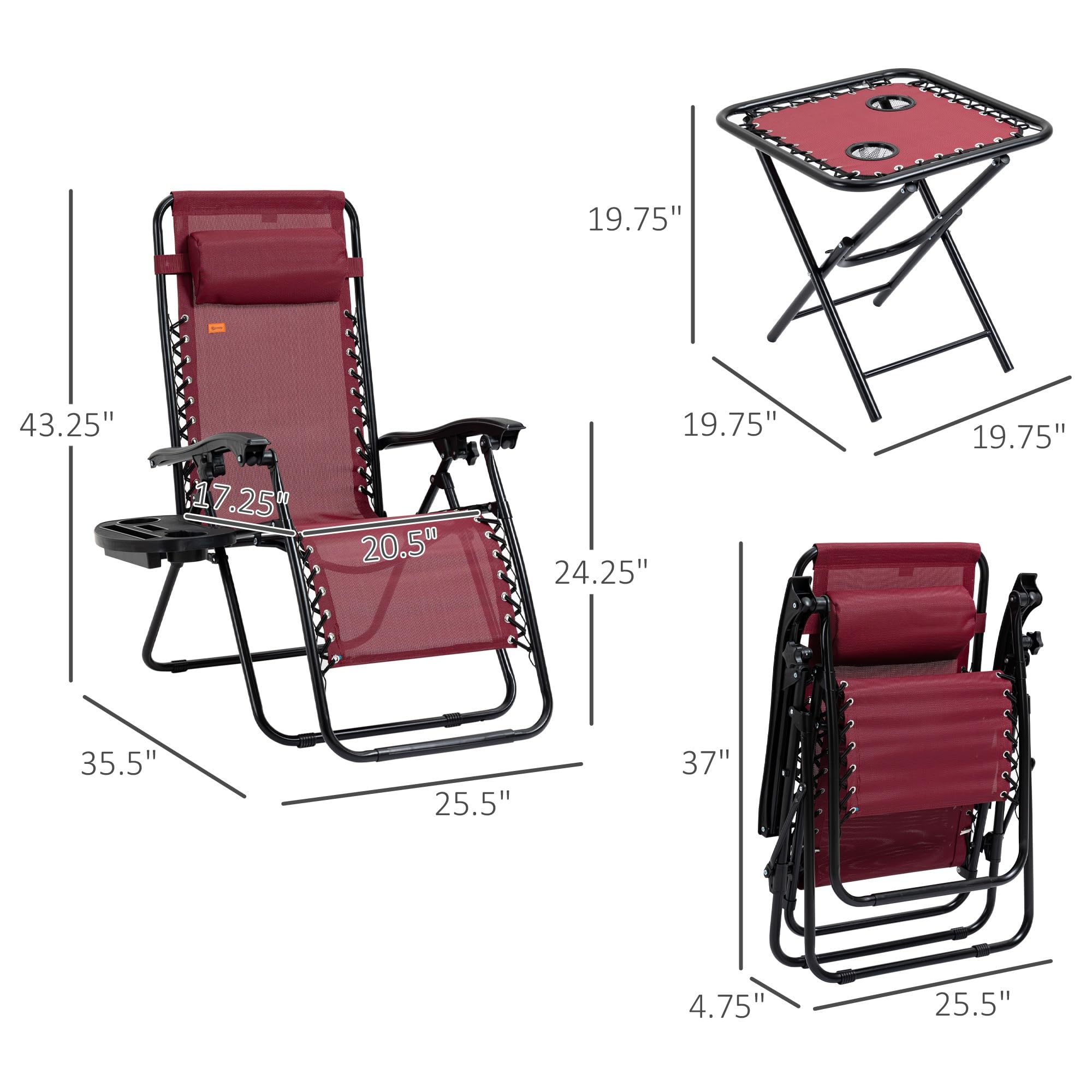 Outsunny Zero Gravity Lounge Chair Set with Side Table - Adjustable Folding Recliner with Cup Holders & Head Pillow - Patio, Backyard, Poolside, Beach Relaxation - Perfect for Sunbathing, Camping & Outdoor Lounging (Wine Red)