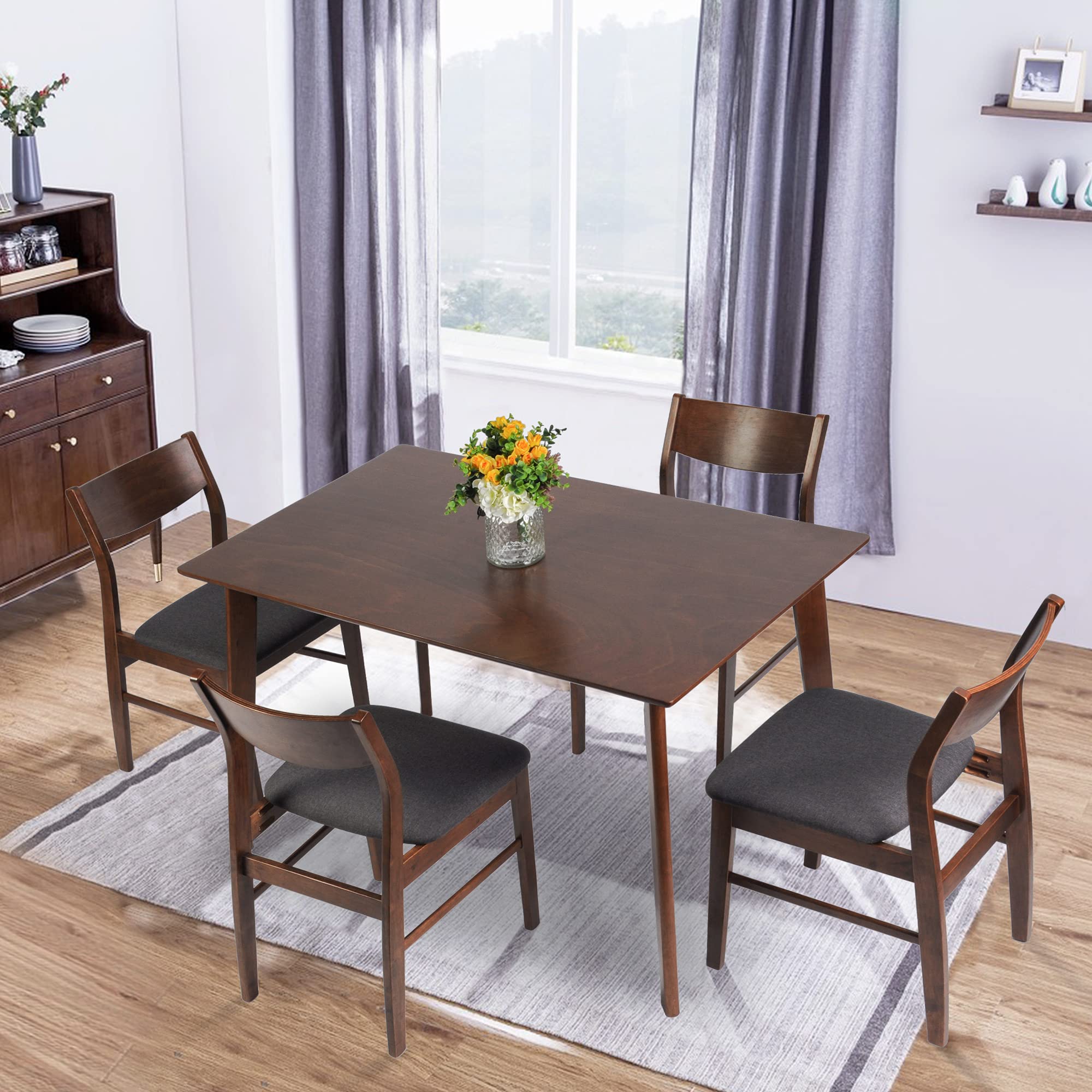 Mid Century Modern Dining Table Set for 4 - Walnut Wood Kitchen Table & Chairs for Small Spaces - Perfect for Breakfast Nook, Apartment Living Room, and Home Dining Areas