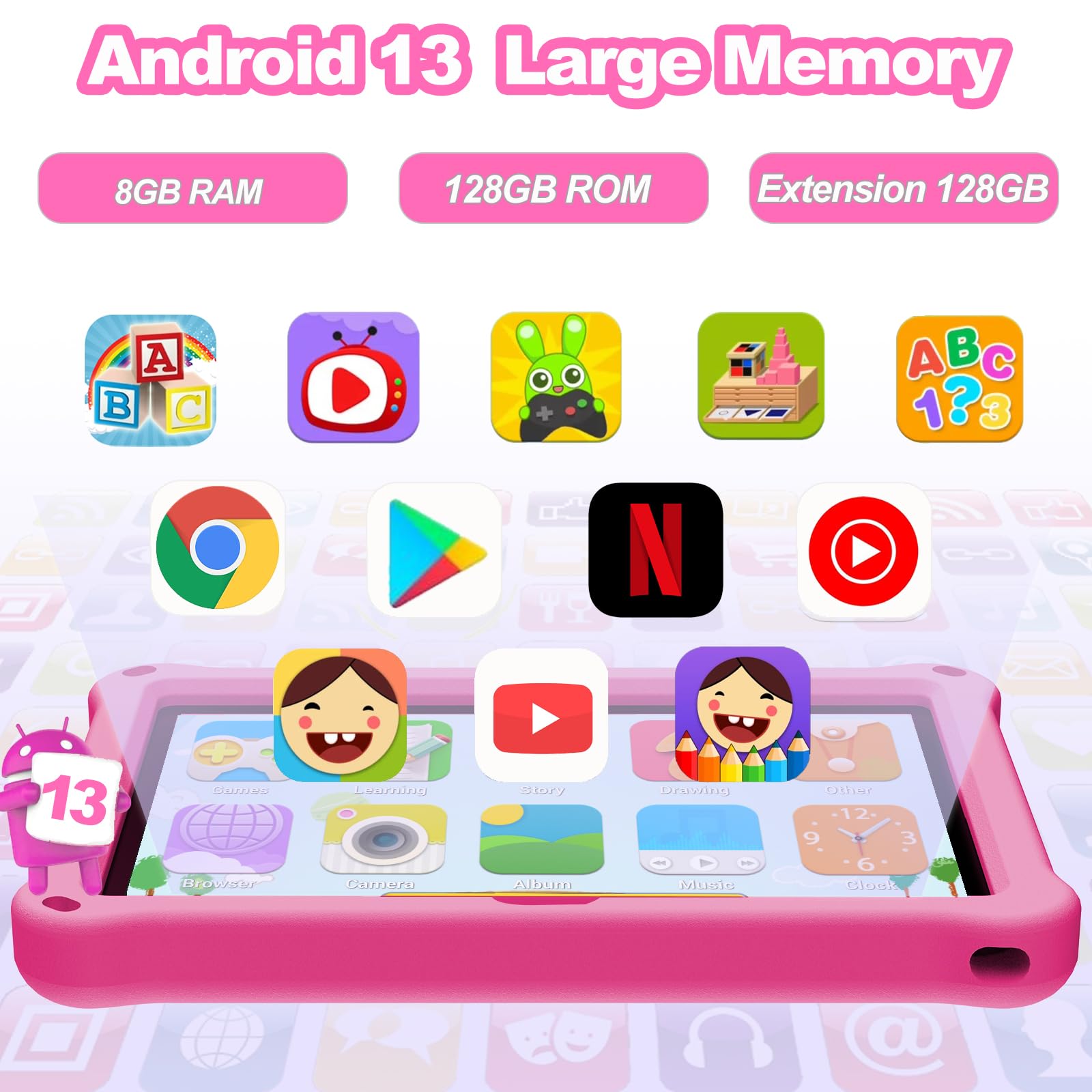 YUMBOT 10.1 Inch Android 13 Kids Tablet - WiFi & Bluetooth, 1280x800 HD Display, 8GB RAM 128GB Storage, Quad-Core Processor, 6000mAh Battery, Dual Camera with Parental Controls - Perfect for Learning & Entertainment for Kids Ages 3-14