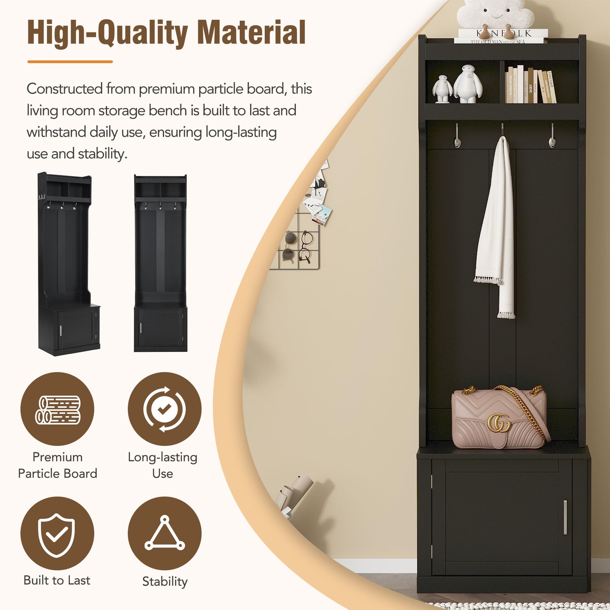 Merax Slim Hall Tree with Storage Bench & Shelves - Entryway Shoe Cabinet with Coat Hooks - Elegant Black Hallway Organizer for Shoes, Coats & Accessories - Perfect for Small Spaces, Apartments & Home Entryways