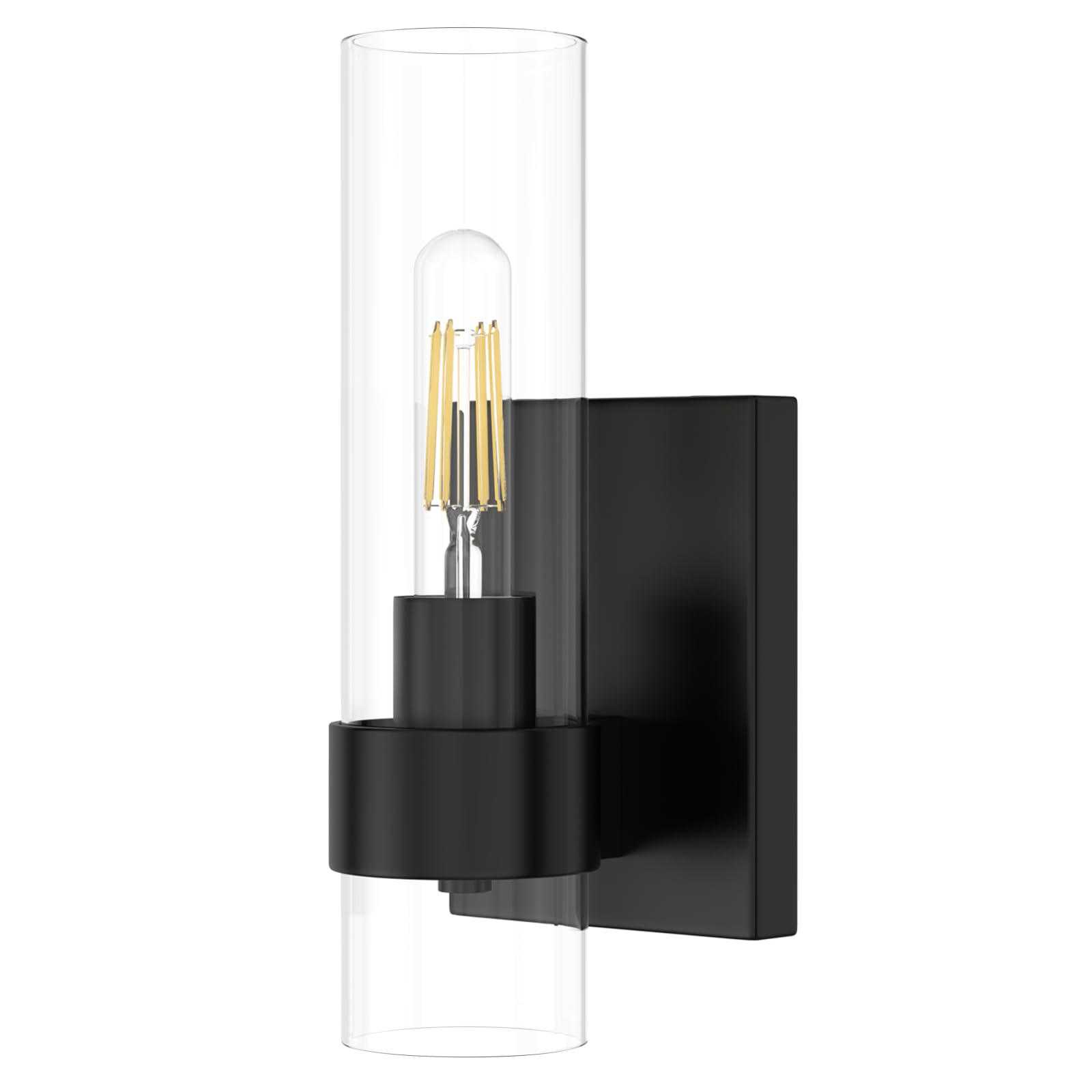 Zevluck 1-Light Modern Wall Sconce - Matte Black Bathroom Vanity Light with Clear Cylinder Glass Shade - Hardwired Wall Lamp for Bathroom, Bedroom, Living Room, Stairs & Hallway - Perfect for Ambient Lighting and Home Decor