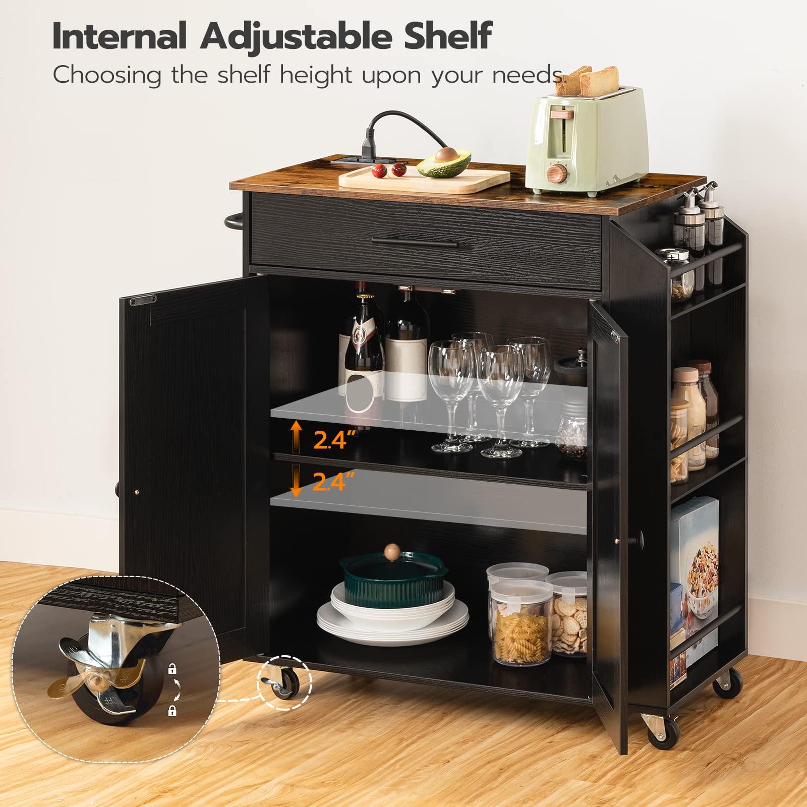 HOOBRO Kitchen Island with Power Outlet & Spice Rack, Mobile Kitchen Cart with Storage Drawers & Wheels, Rustic Brown & Black - Perfect for Small Kitchens, Dining Rooms & Home Cooking Spaces