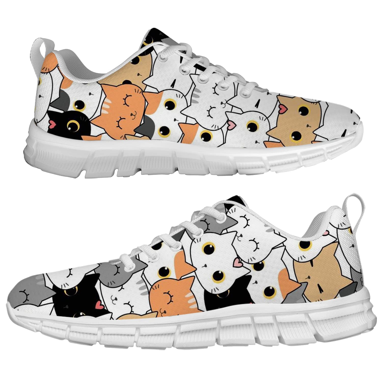 Cat Print Sneakers for Women & Men - Cute Kitten Head Pattern Tennis Walking Running Shoes - Gifts for Cat Lovers (Men's Size 8, Women's Size 9.5, White) - Perfect for Casual Wear, Jogging & Cat-Themed Outfits