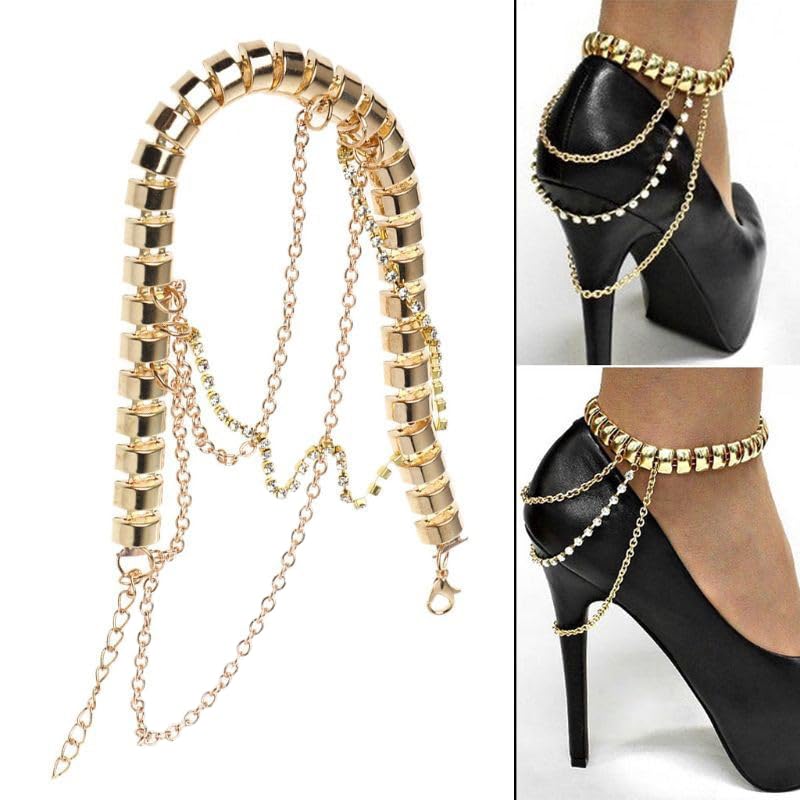 AKOAK 2-Pack Adjustable Punk Style Heel Chains with Gold-Tone Crystal Tassels - Summer Fashion Ankle Bracelet for Women | Perfect for Parties, Weddings & Boho Outfits