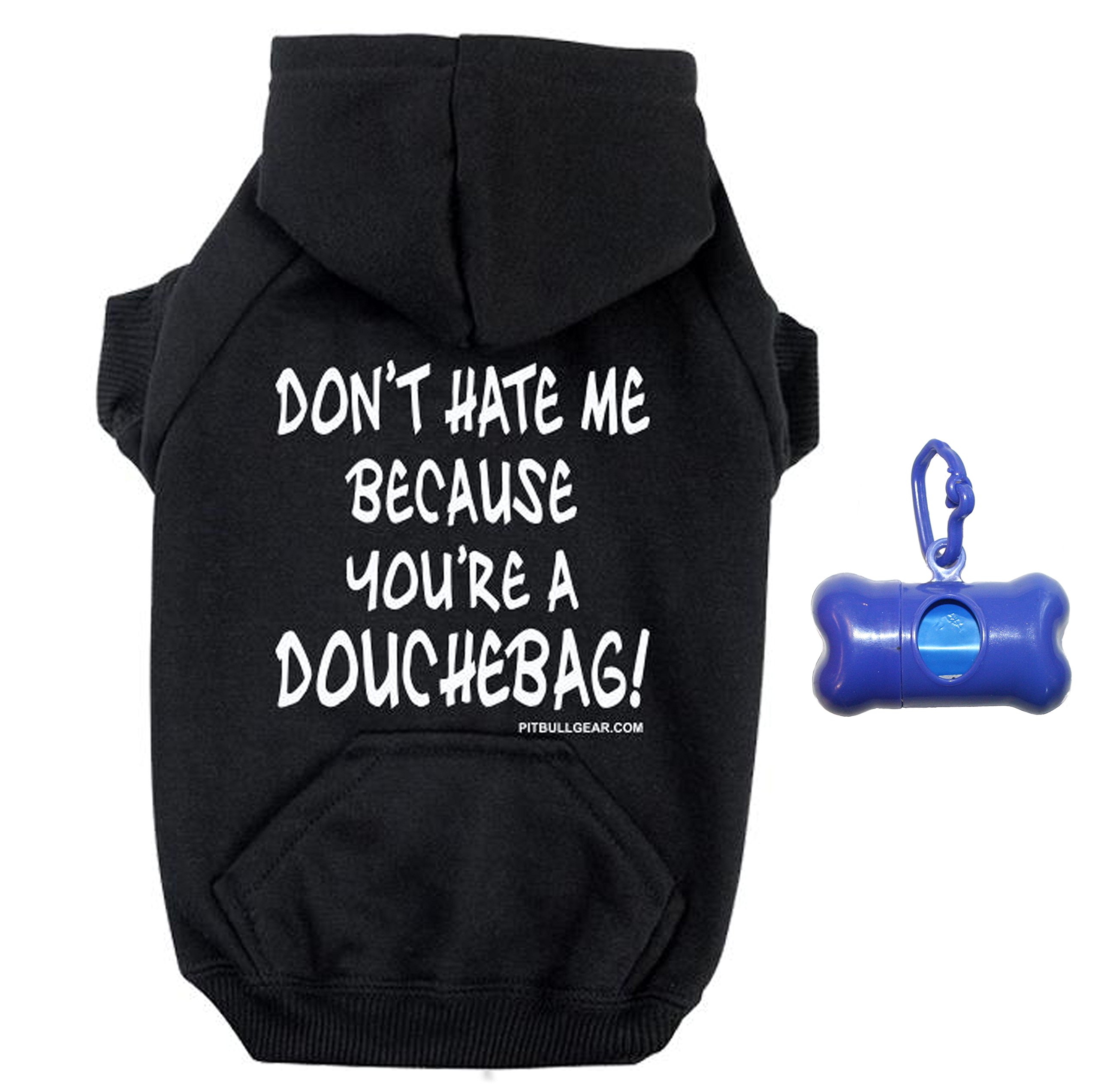 Pit Bull Gear 'Don't Hate Me Because' Zipper Dog Hoodie & Poop Bag Holder Set (2XL, Black/White) - Warm & Stylish Winter Outfit for Large Dogs with Convenient Waste Bag Dispenser